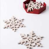 A set of four white snowflake-shaped coasters stacked neatly inside a modern red hexagonal holder on a white background.
A white snowflake coaster on a dark wood table, with a festive red mug of hot chocolate sitting on it.
A stack of white snowflake coasters next to two holder options, one red and one green.