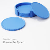 Stacking coaster set with holder shown in custom colours on a coffee table
