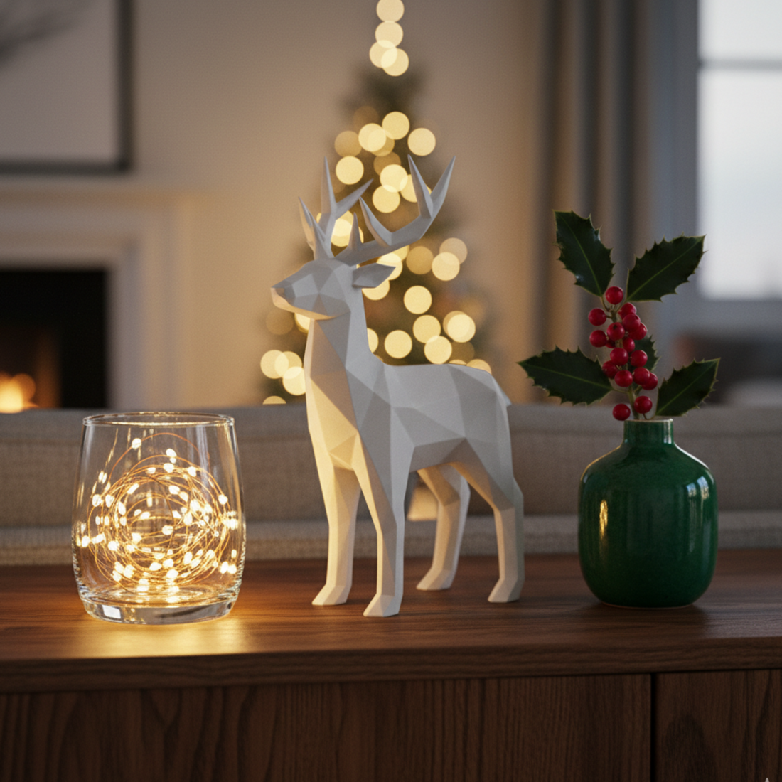 A beautifully styled living room corner with a modern, sculptural white reindeer ornament next to a glowing table lamp and a sprig of holly.