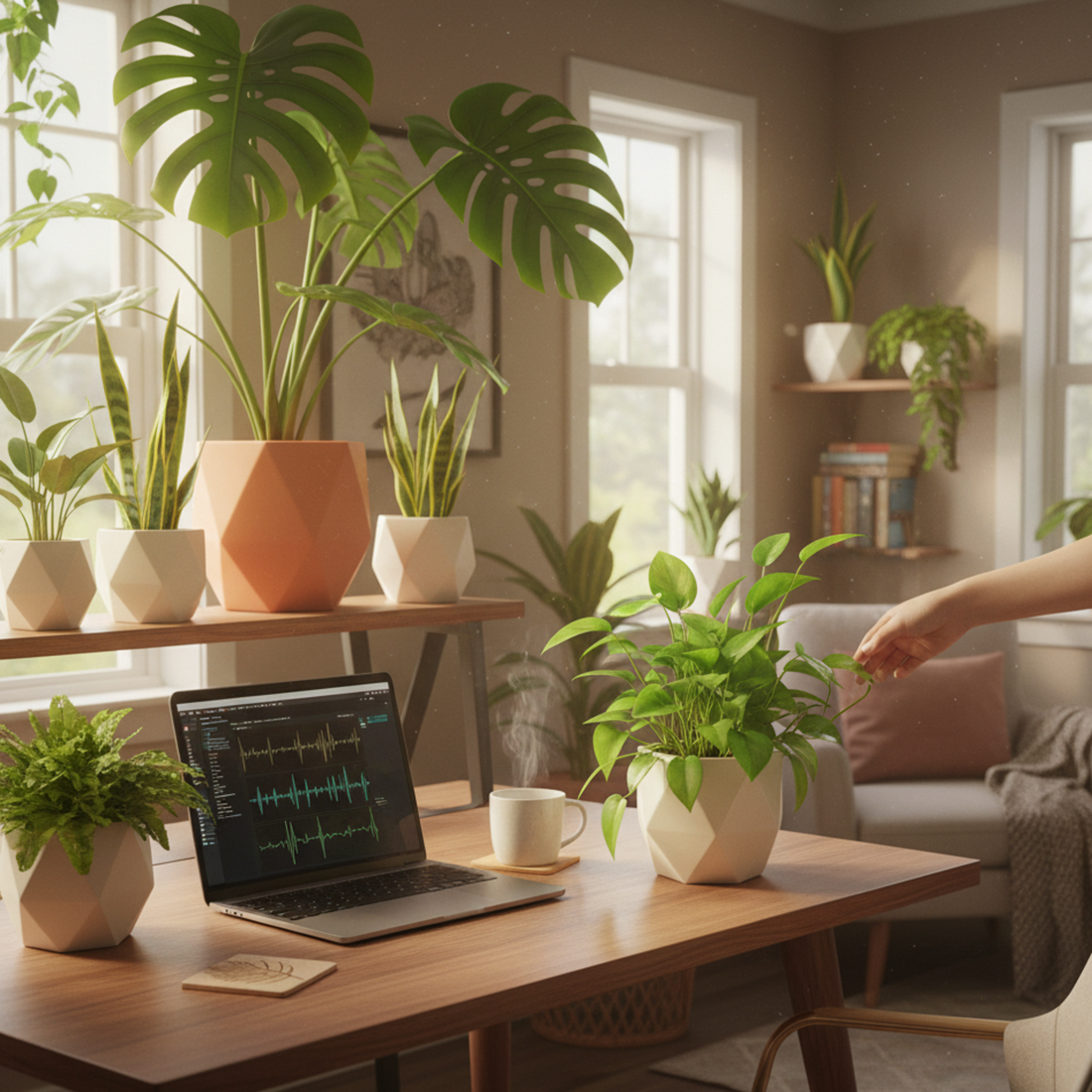 A healthy, vibrant fern in a modern geometric planter sitting on a desk next to an open notebook, illustrating the mental health and wellness benefits of indoor plants.