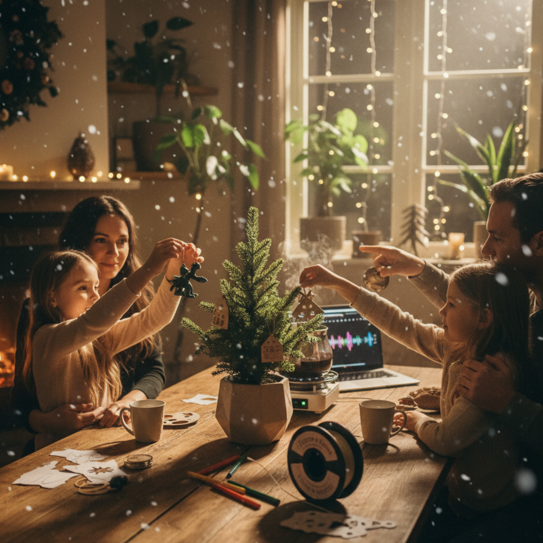 A warm, inviting scene of a family, including a mother, father, and two young daughters, decorating a small Christmas tree together with unique, possibly handmade or 3D printed, ornaments, creating lasting festive memories.