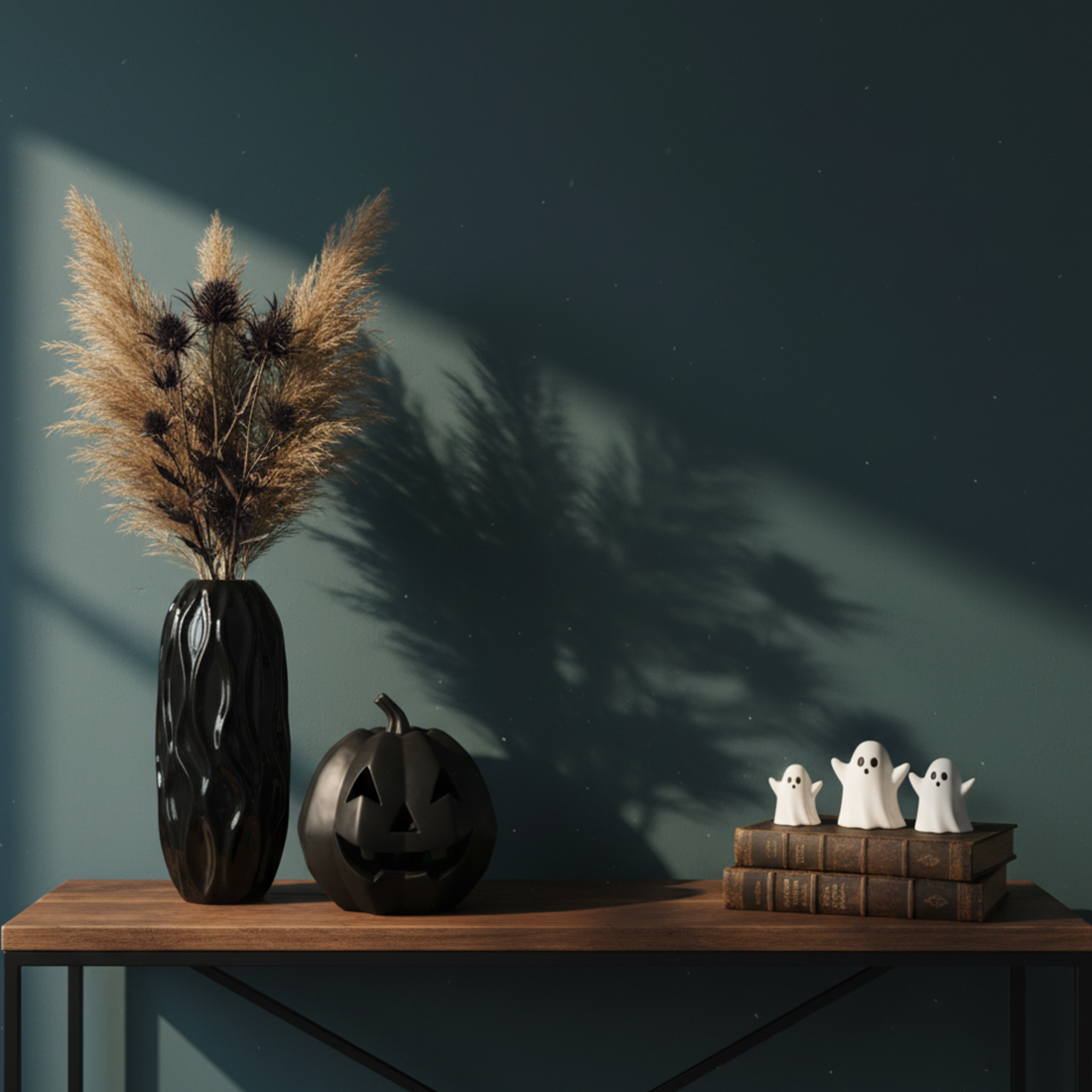 A stylish Halloween-decorated console table featuring a modern geometric pumpkin, a black gothic-inspired vase with dried flowers, and small whimsical ghost figures, all cast in warm, atmospheric lighting.