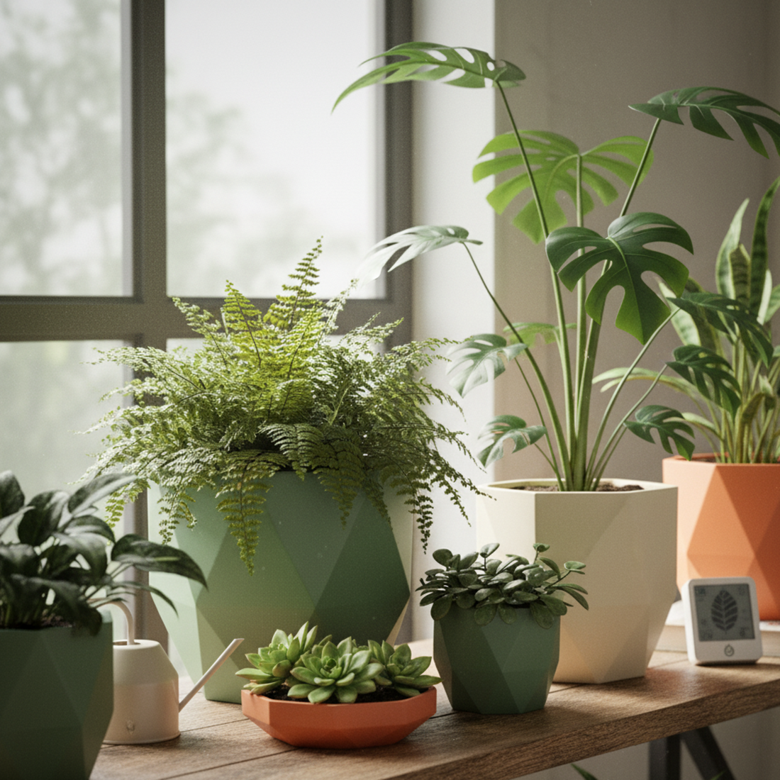 A trio of healthy, thriving indoor plants, including a fern and succulents, displayed in a set of modern geometric 3D printed planters.