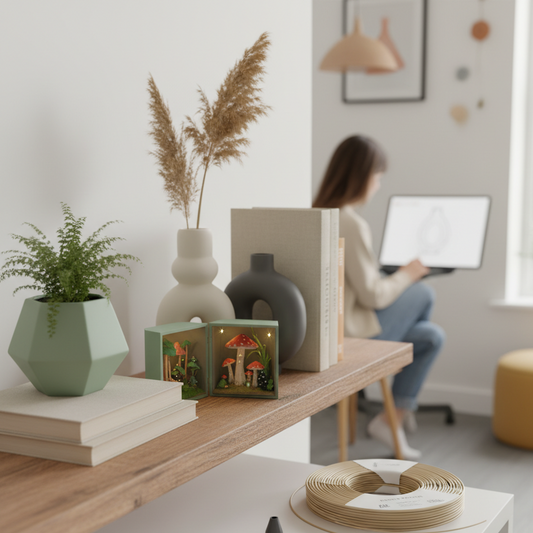 3D printed sustainable home decor, featuring a geometric planter, book nook, and a spool of filament.