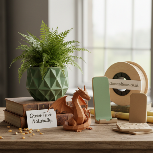 A collection of sustainable 3D printed items, including a geometric planter with a fern, a dragon figurine, and phone stands, styled on a desk with corn kernels to represent eco-friendly materials.