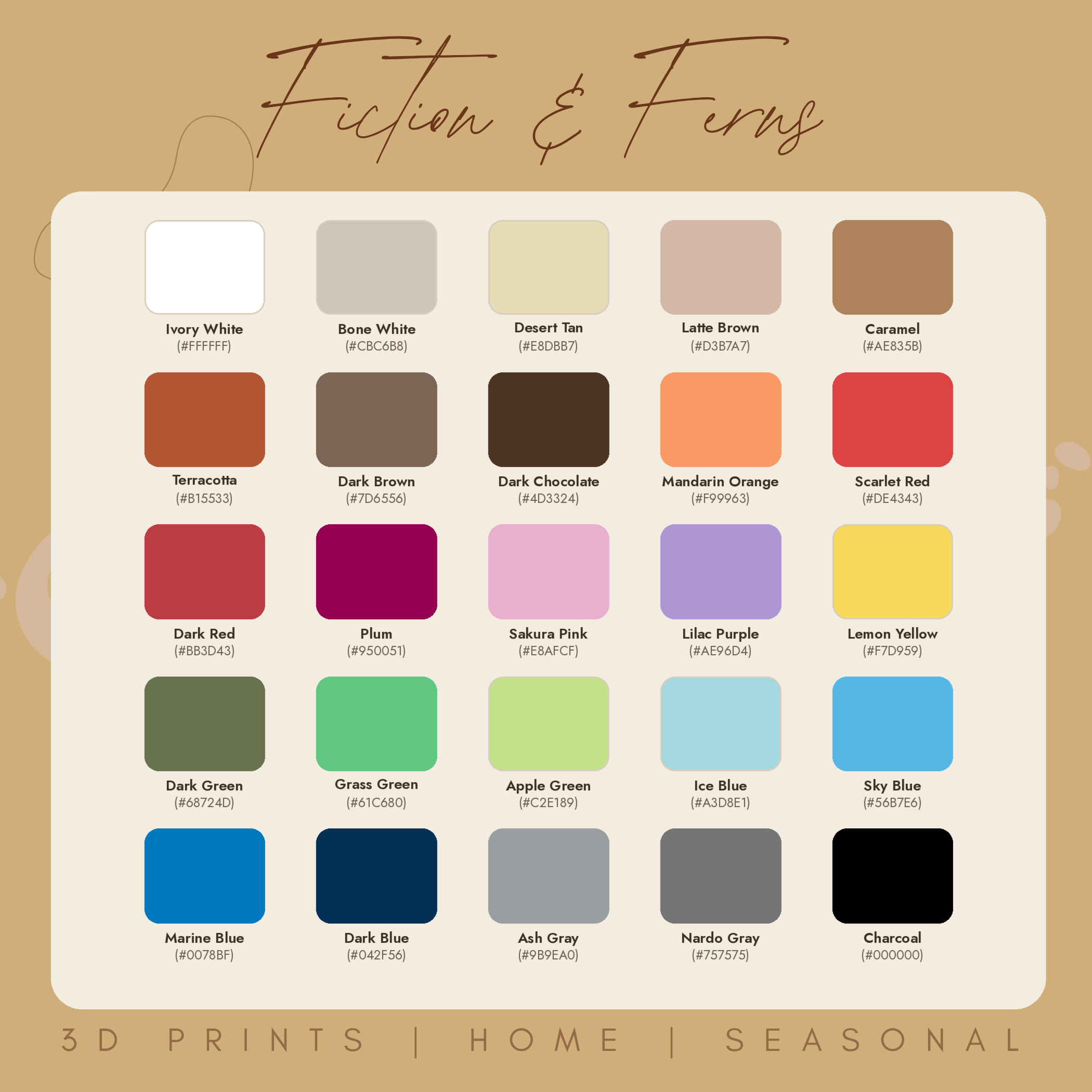 Colour chart showing all 25 colour options available