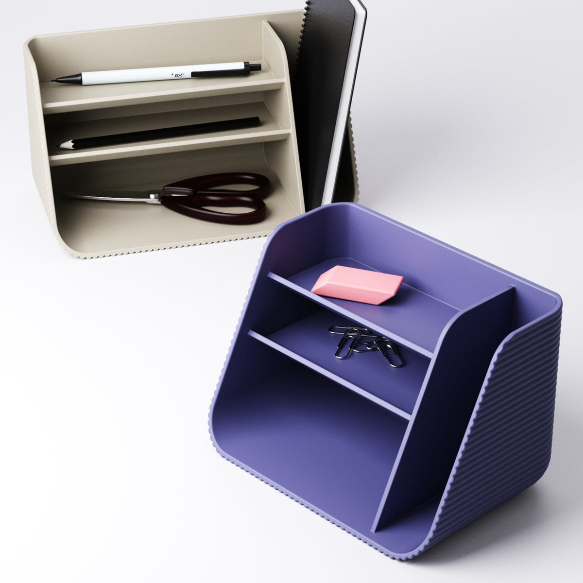 Close-up of the notebook slot and shelves on the desk organiser