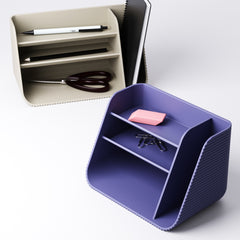 Close-up of the notebook slot and shelves on the desk organiser