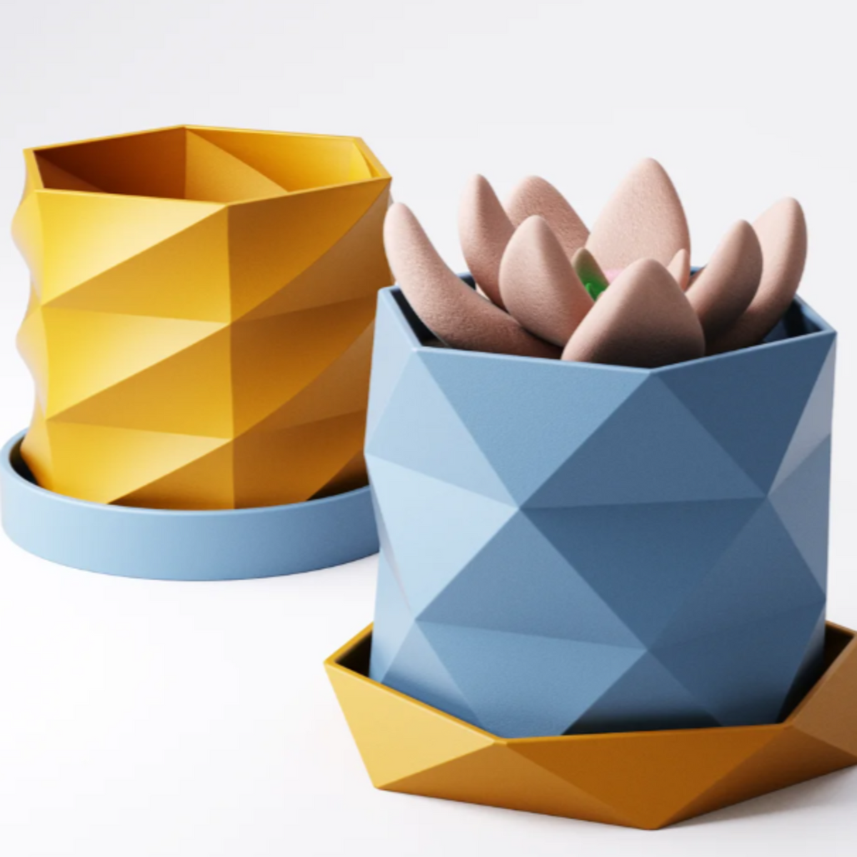 Triangle Pattern Geometric Planter Pot: Modern Faceted Design with Round Drip Tray