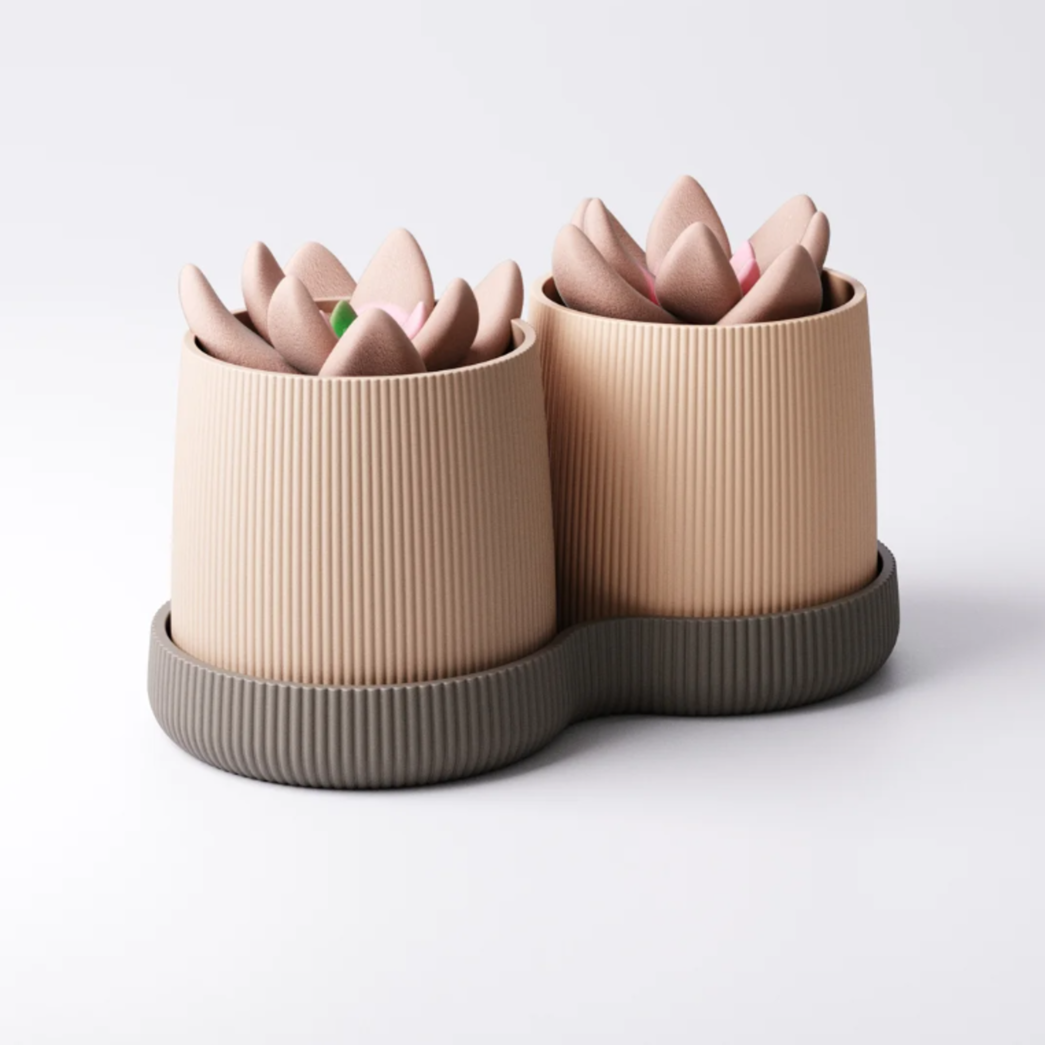 Two beige 3D printed planters with a vertical pleated texture floating above a matching grey figure-eight shaped drip tray on a white background.
A modern, pleated duo planter set in neutral tones, shown on a clean white surface.
Close-up of the textured, pleated design on a 3D printed indoor planter pot and matching drip tray.