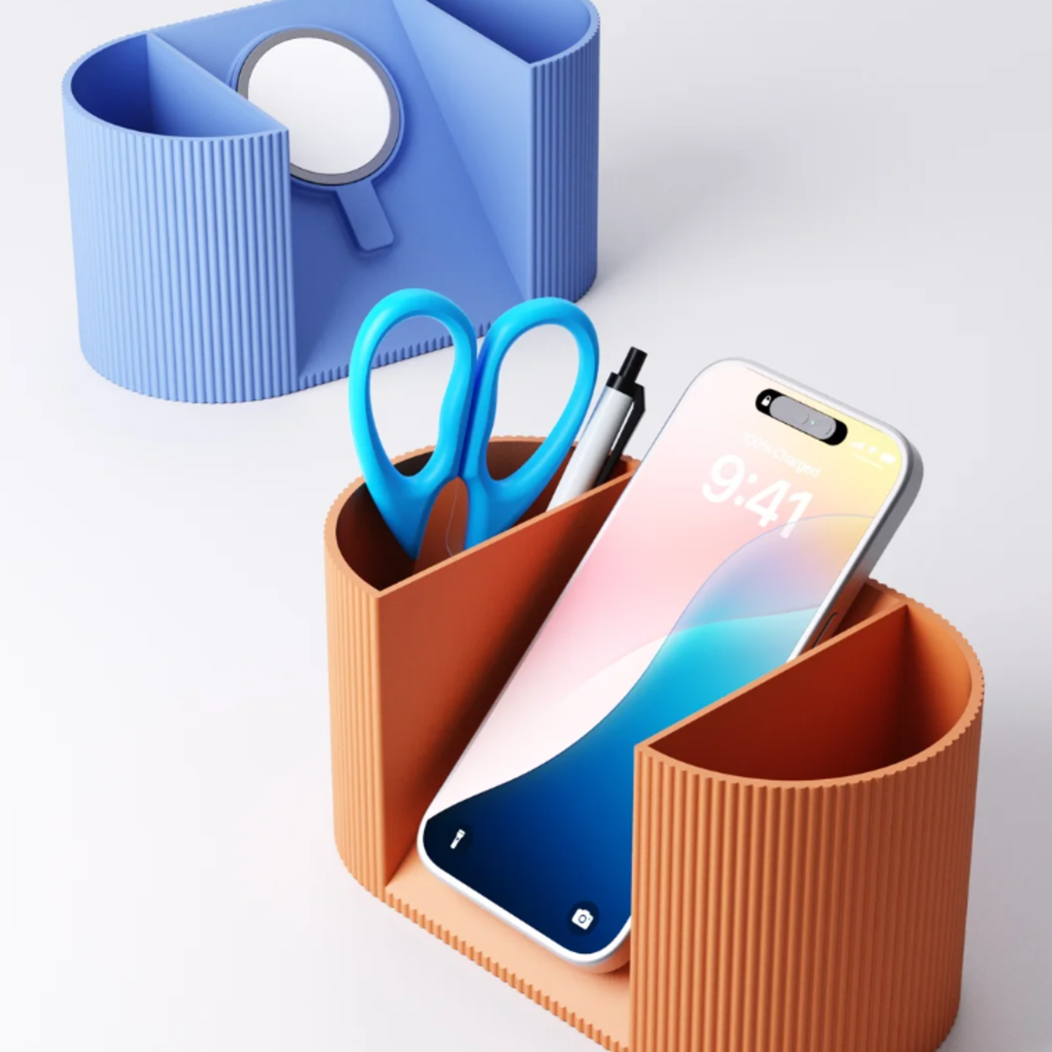Ribbed Desk Organiser & Phone Holder with Pen Pot