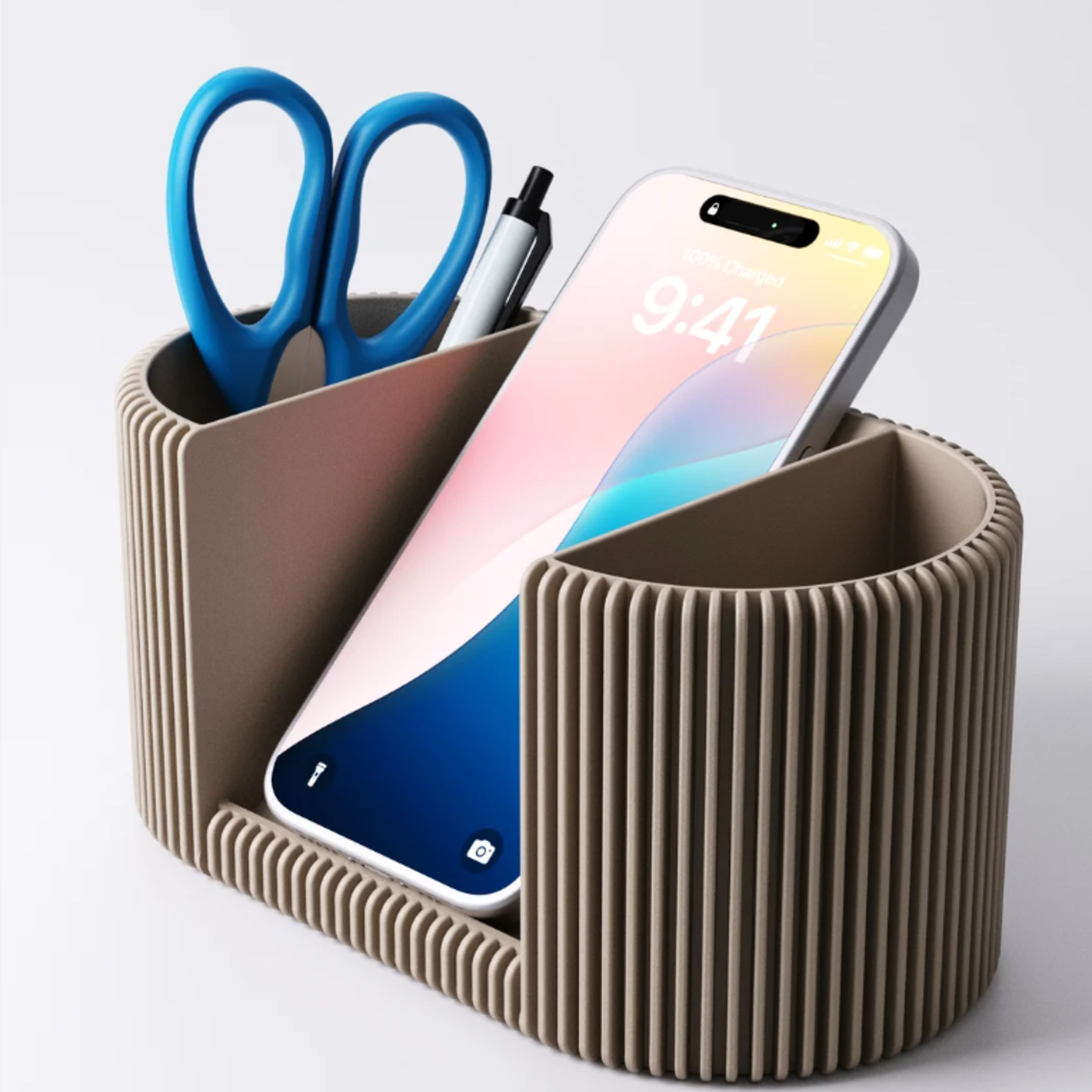Finned Desk Organiser & Phone Holder with Pen Pot