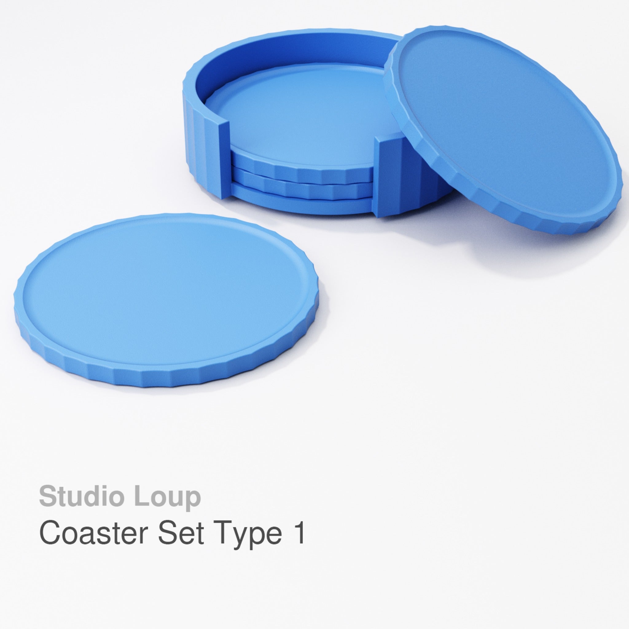 Stacking coaster set with holder shown in custom colours on a coffee table
