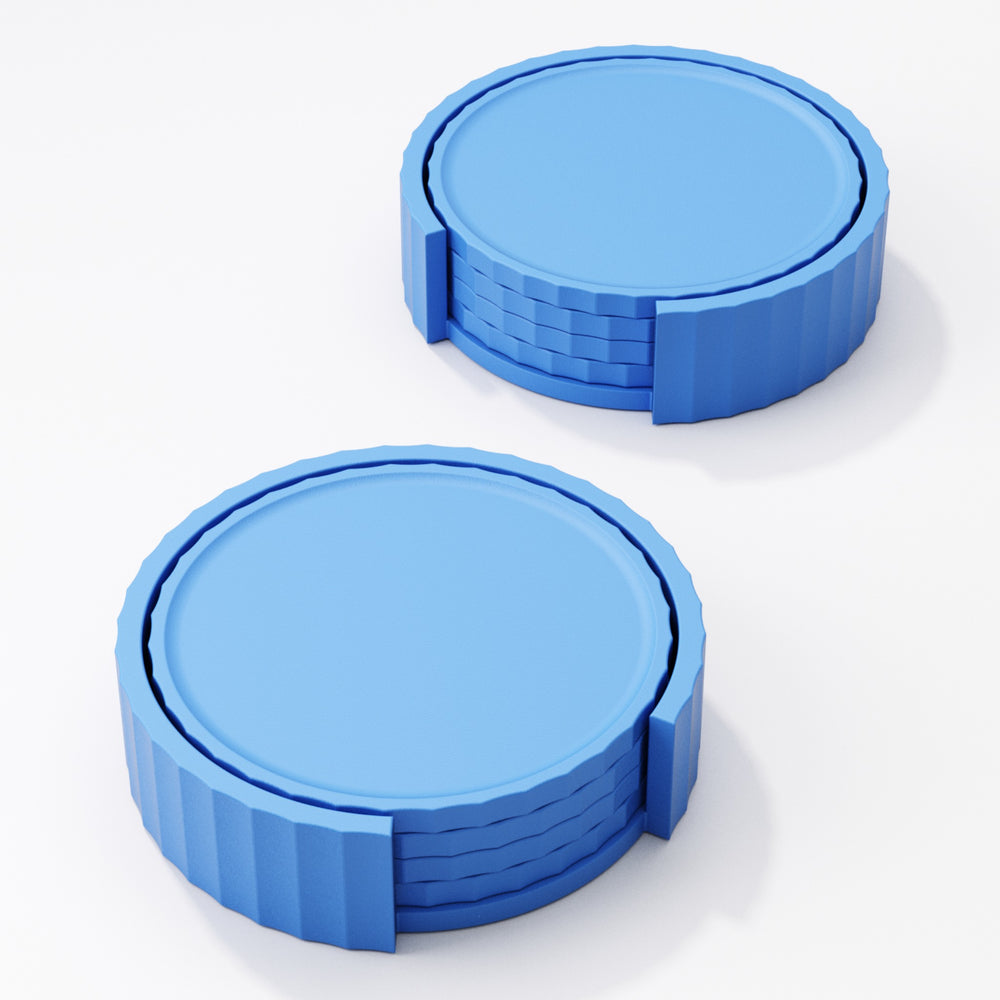 Close-up of the coaster holder's ribbed texture and finger grip cut-outs