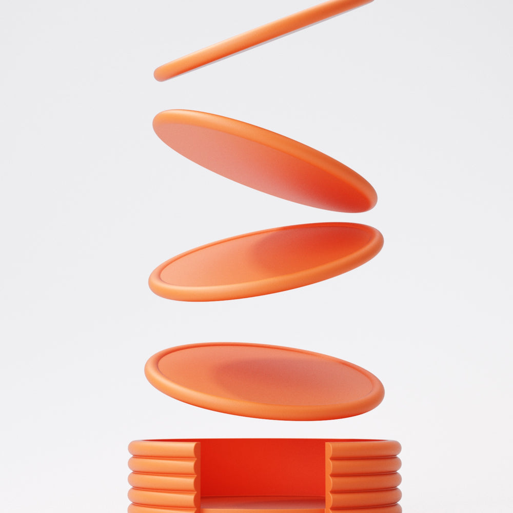 Round stacking coaster set with holder in mixed colours, four coasters and matching holder
