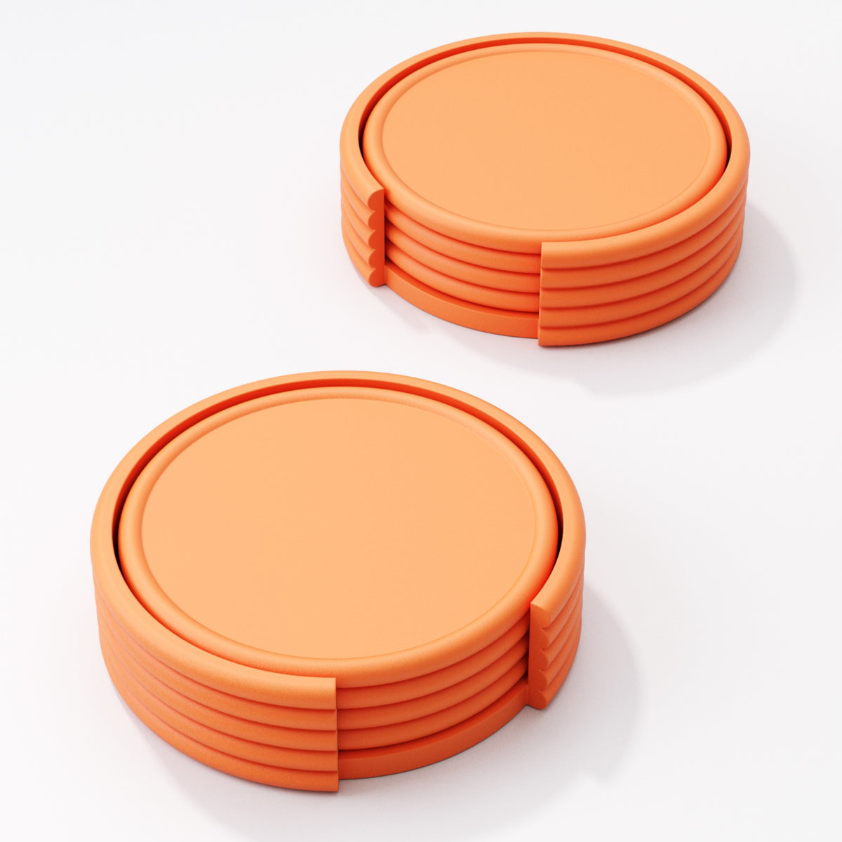 Round stacking coaster set with holder, close up view showing ridged holder detail