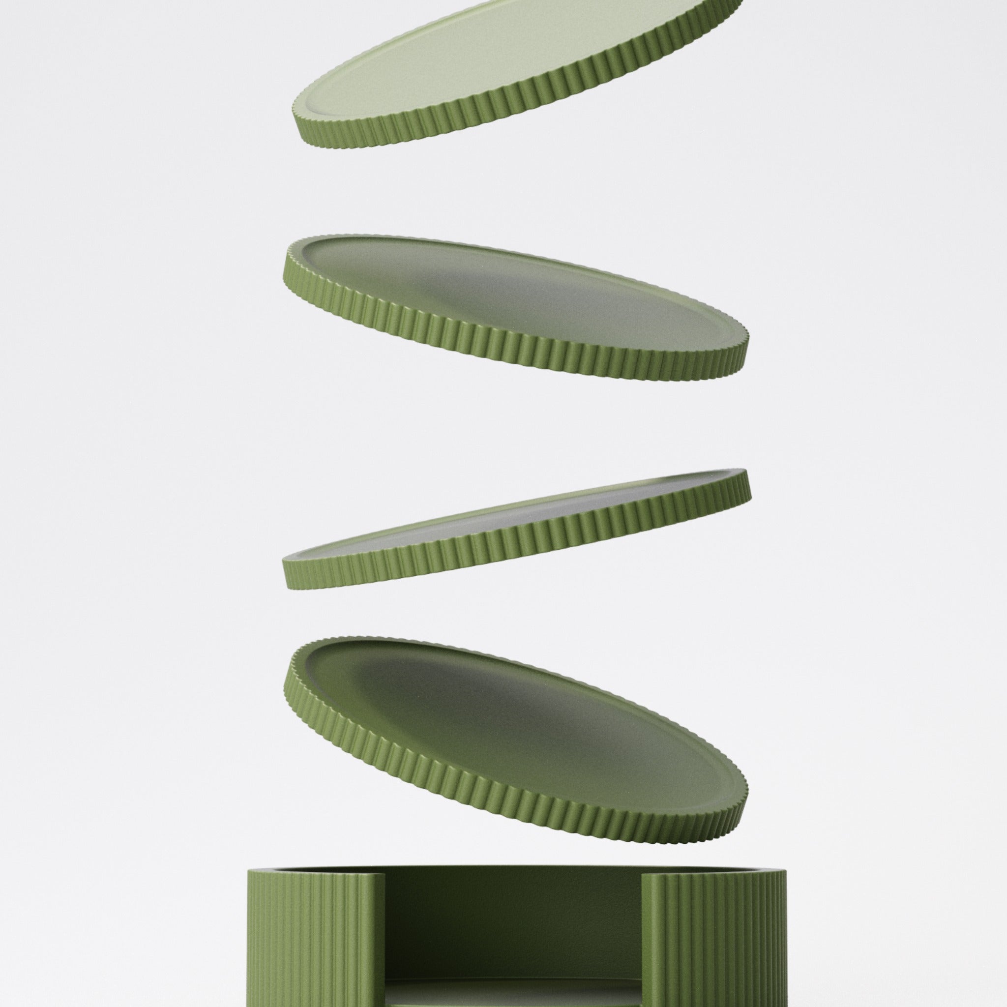 Round stacking coaster set with holder in mixed colours, four coasters and matching holder