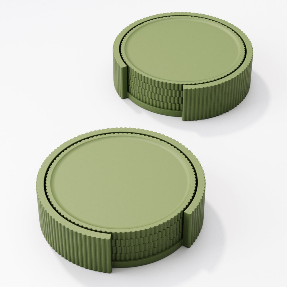 Round stacking coaster set with holder, close up view showing ridged holder detail