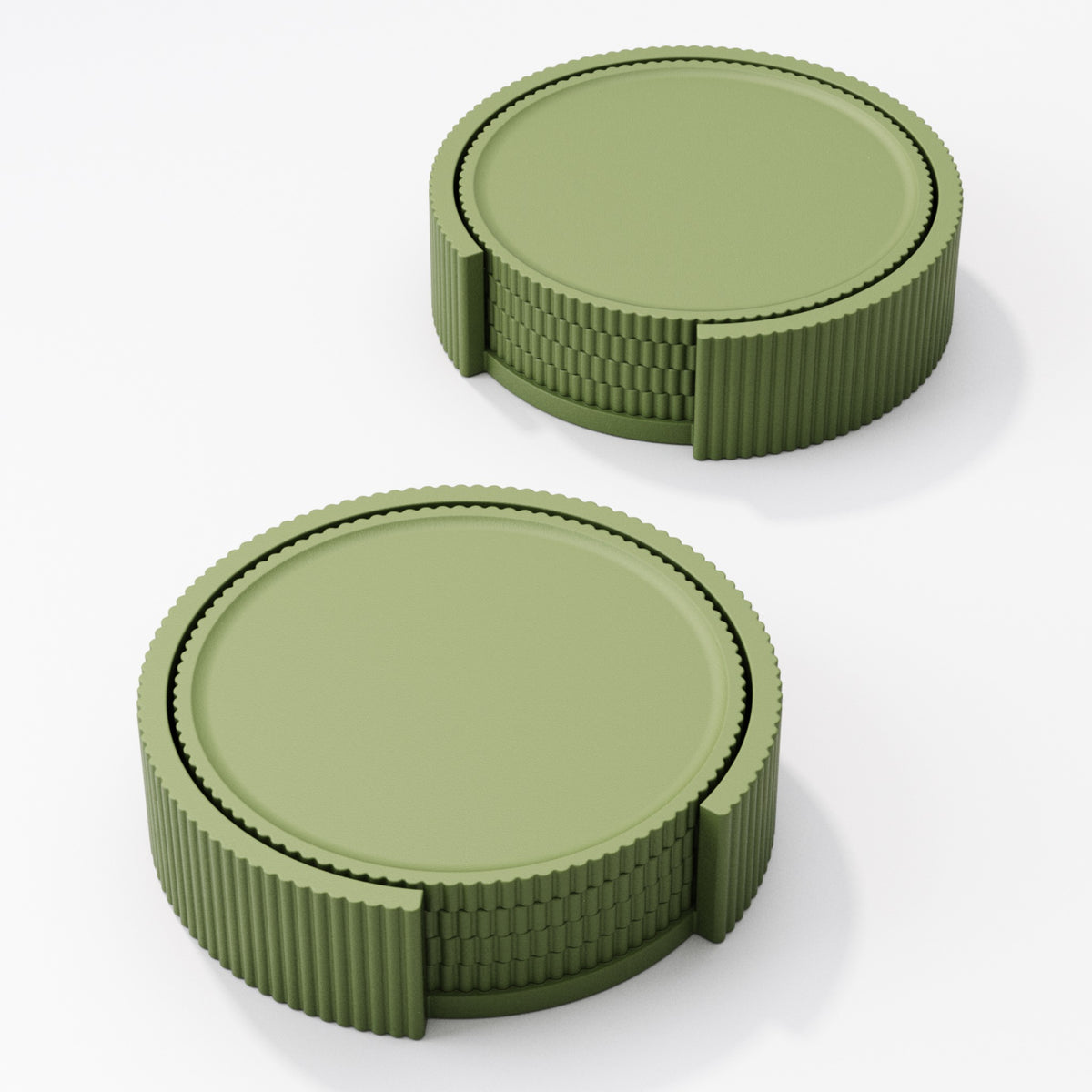 Round stacking coaster set with holder, close up view showing ridged holder detail