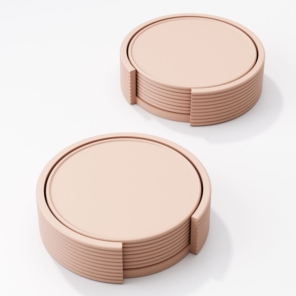 Stacking coaster set with holder, custom colour combination, shown on a kitchen counter