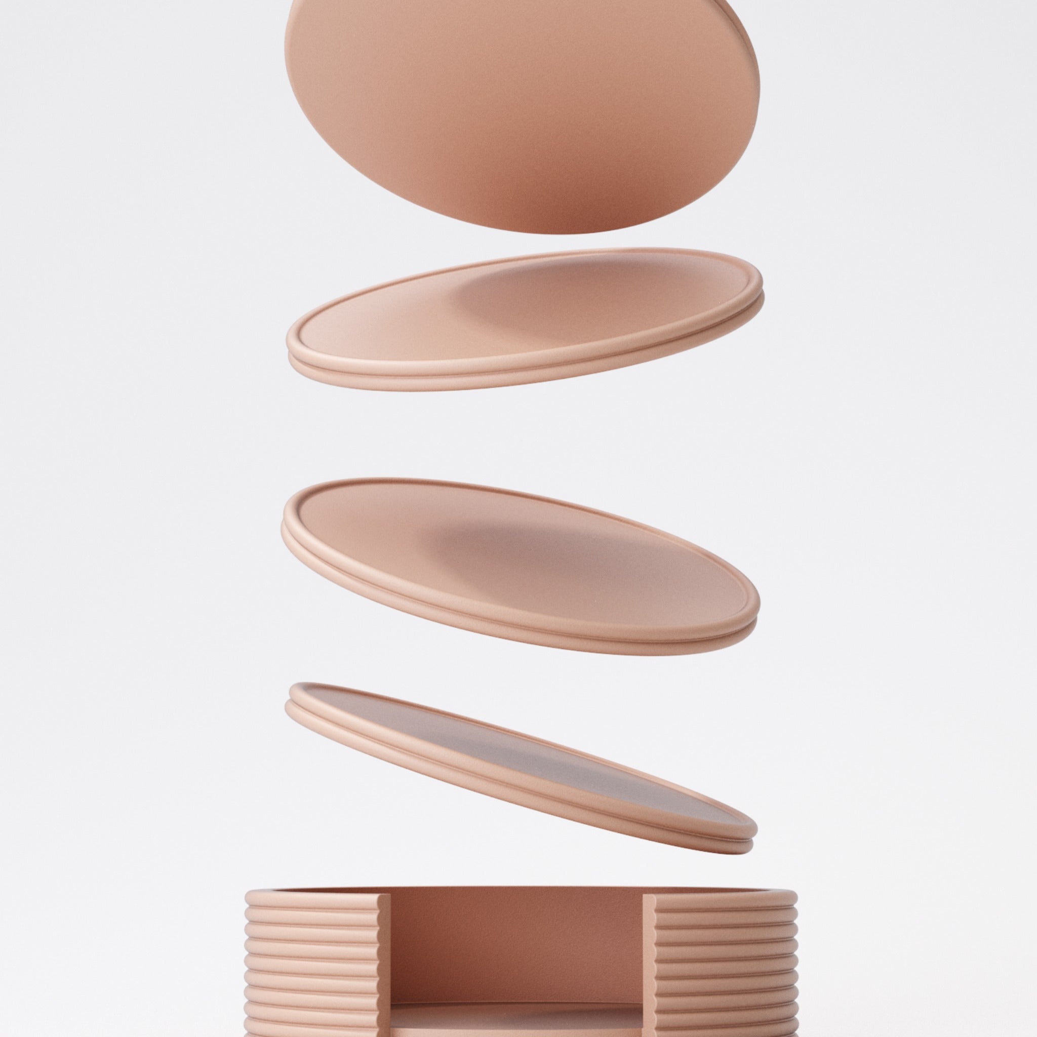 Close-up of stacking coaster set with holder, showing colour detail