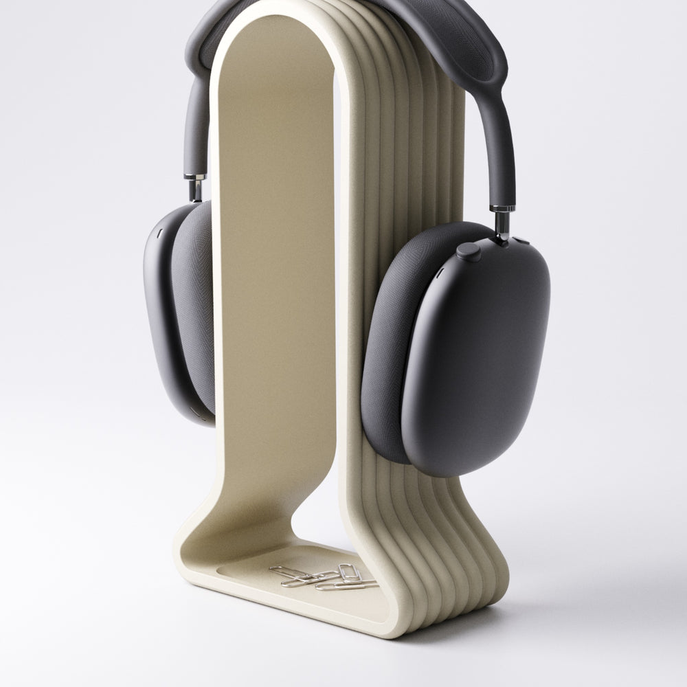 Headphone stand with catchall tray, angled view showing the tray and headphone rest