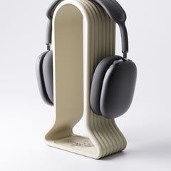 Headphone stand with catchall tray, angled view showing the tray and headphone rest