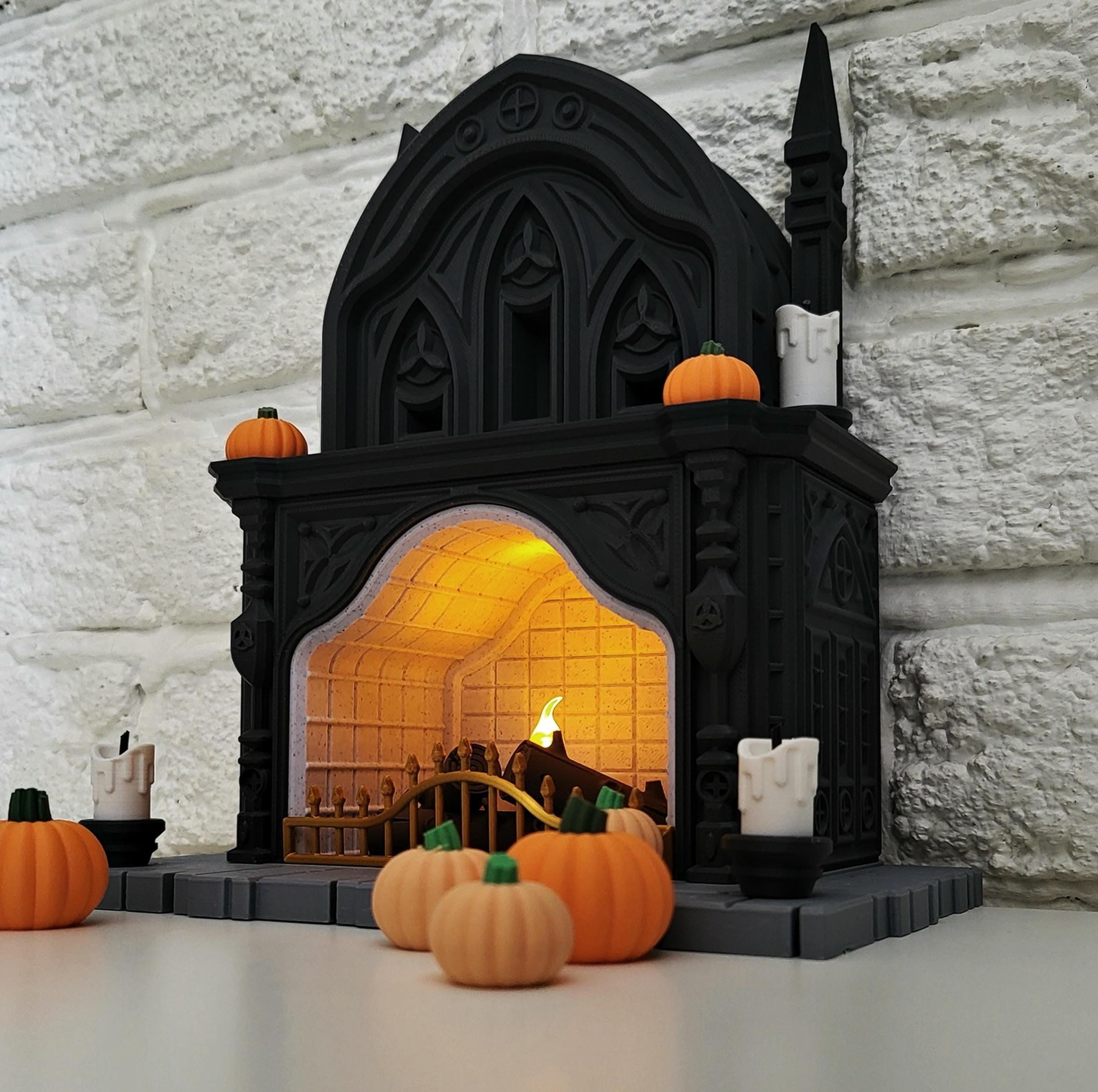 Halloween themed | fireplace tealight holder | spooky gothic mantlepiece | led light | pumpkins | black ornament