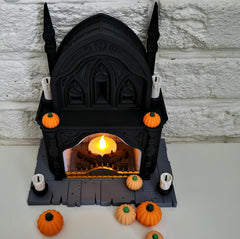 Halloween themed | fireplace tealight holder | spooky gothic mantlepiece | led light | pumpkins | black ornament