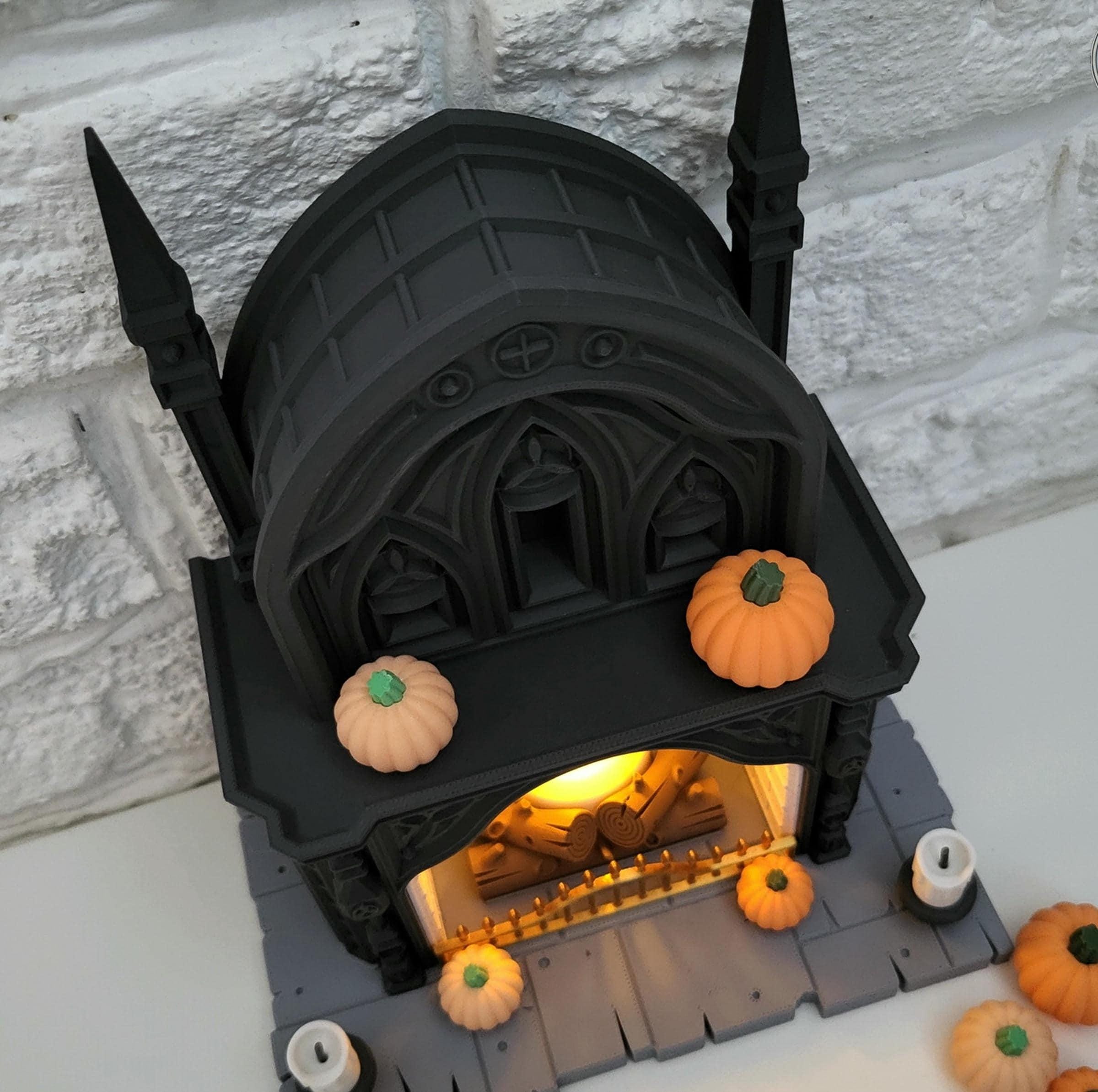 Halloween themed | fireplace tealight holder | spooky gothic mantlepiece | led light | pumpkins | black ornament