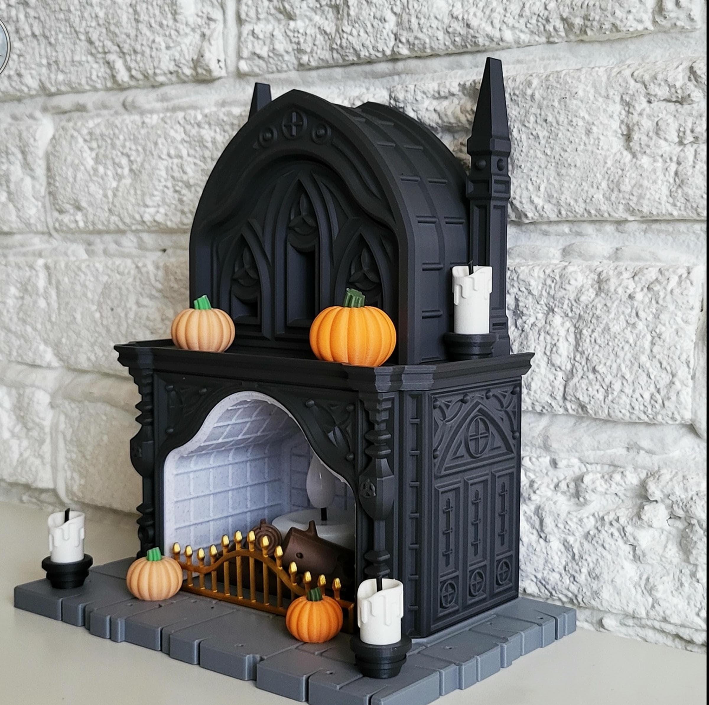 Halloween themed | fireplace tealight holder | spooky gothic mantlepiece | led light | pumpkins | black ornament