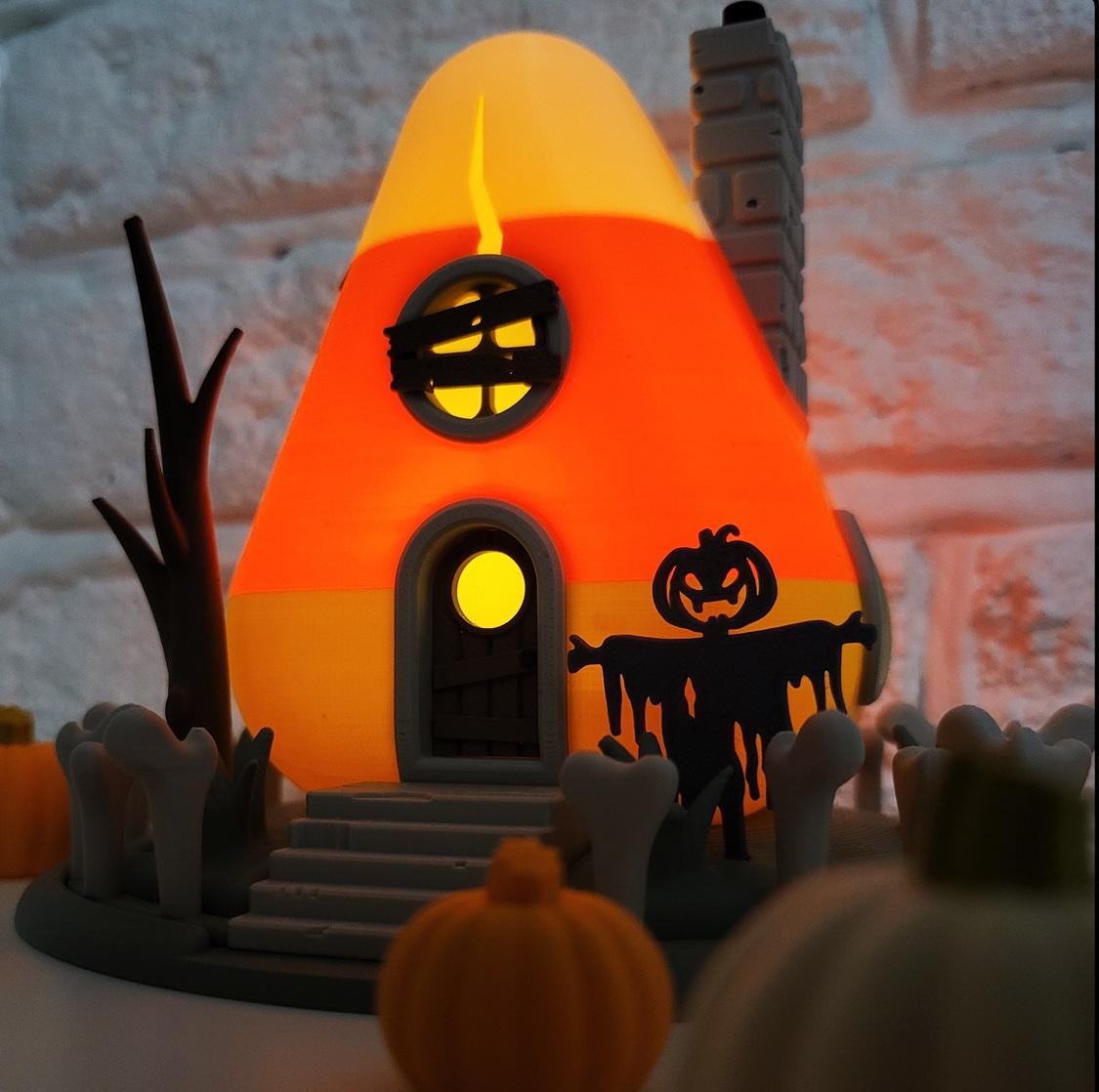 Orange candy corn house | light up spooky halloween ornament | led tealight holder