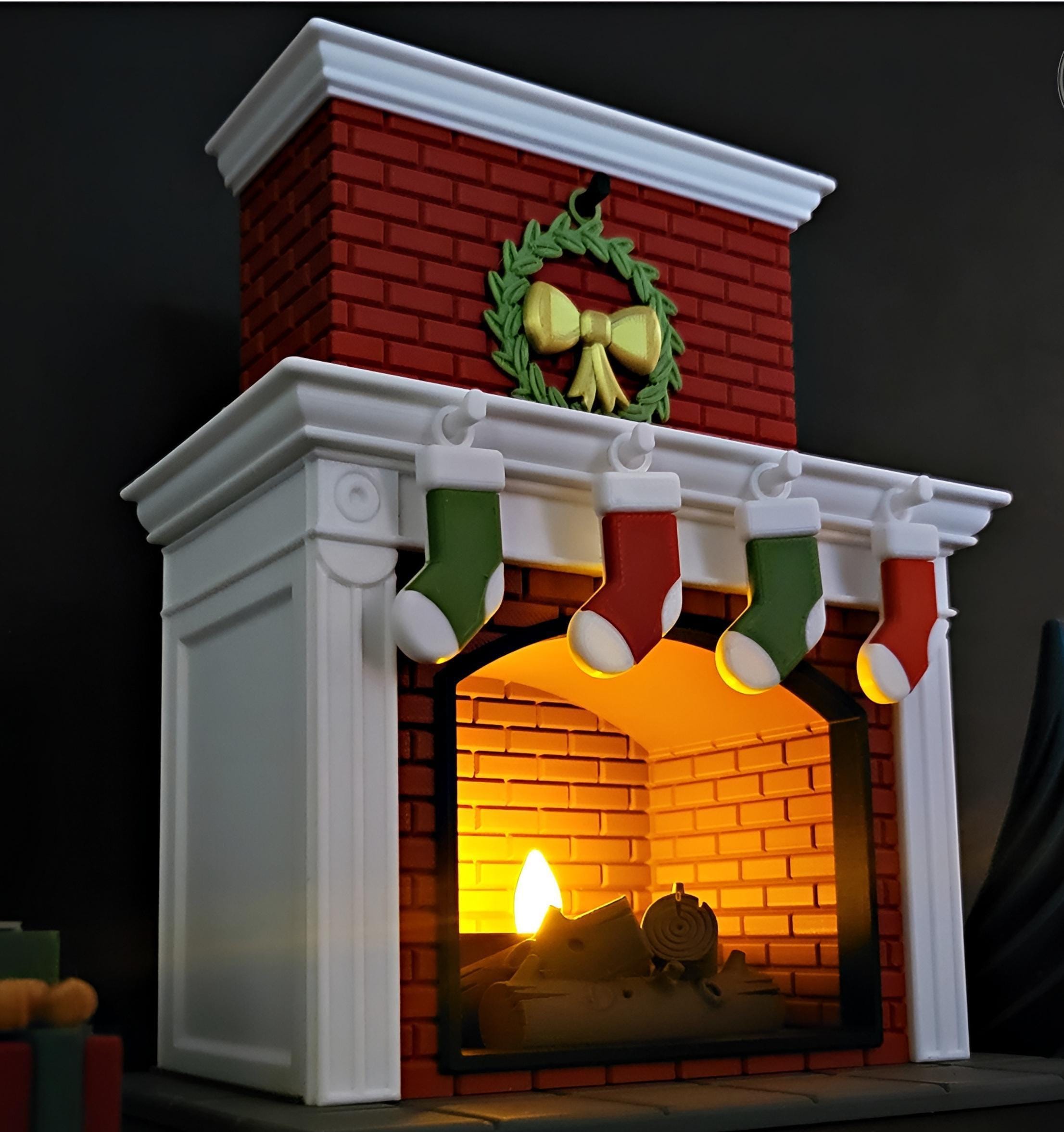 Personalised christmas fireplace | festive ornament | Seasonal Candle | red xmas decoration with presents and stockings