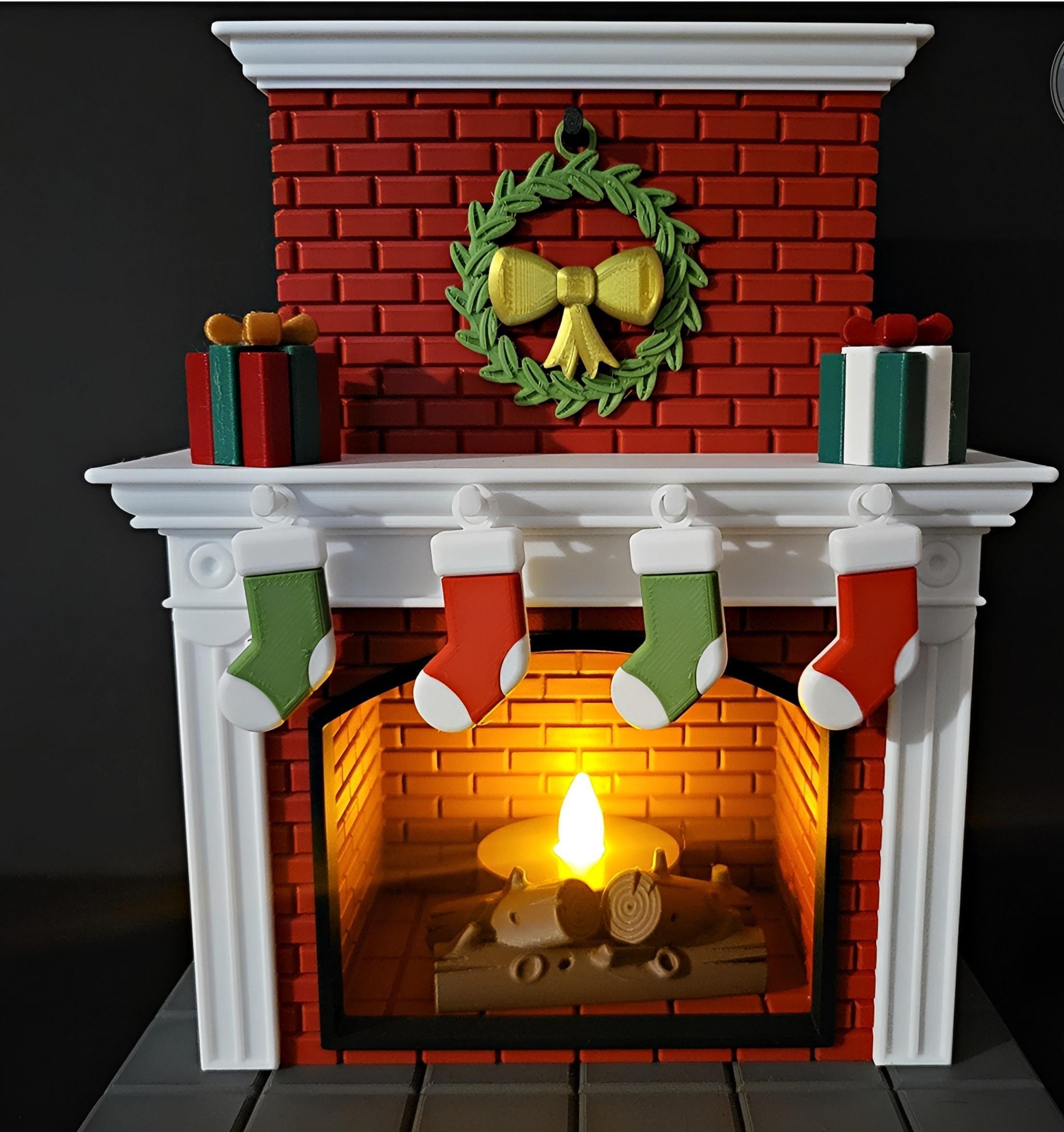 Personalised christmas fireplace | festive ornament | Seasonal Candle | red xmas decoration with presents and stockings