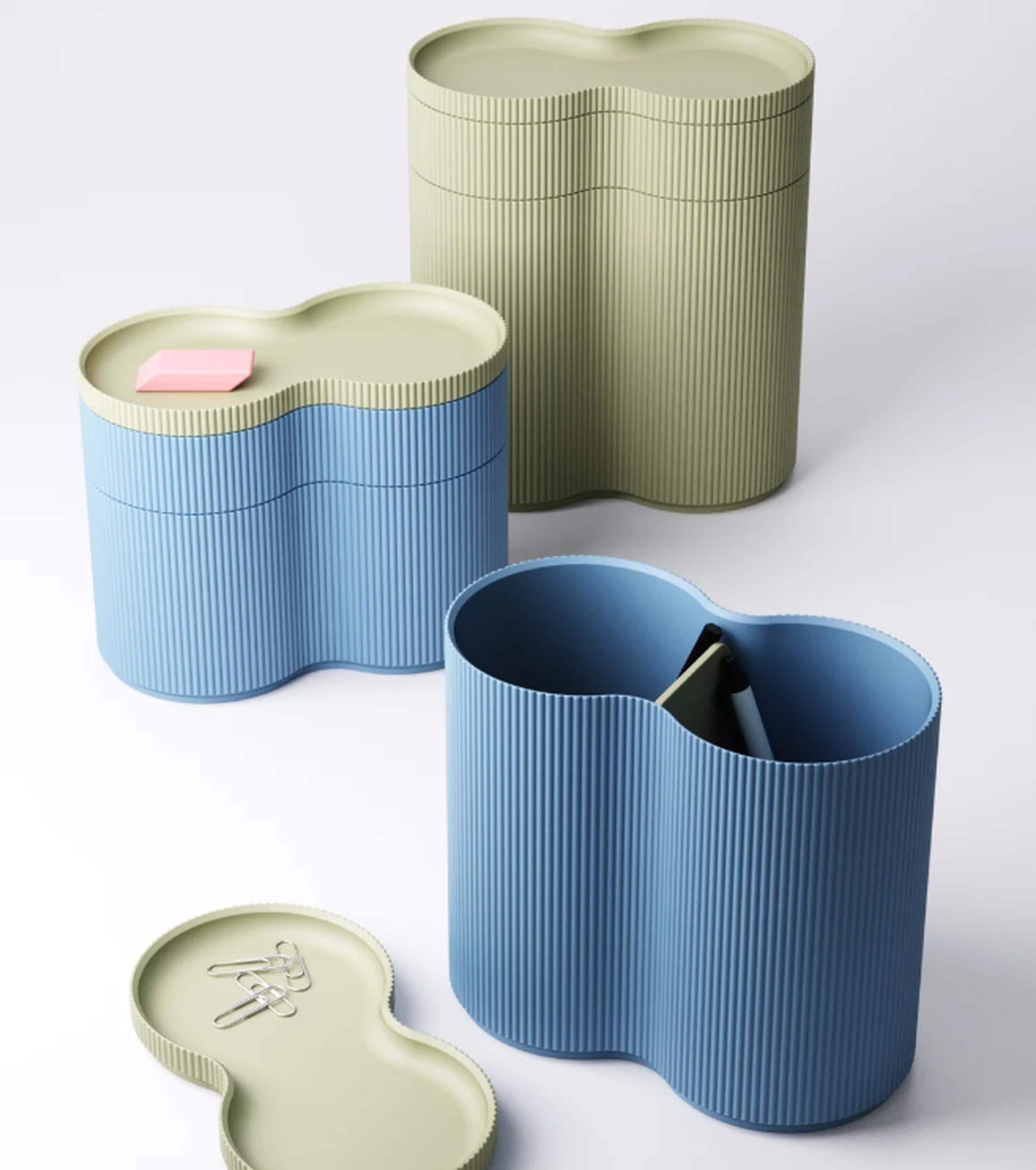 Modular ribbed desk organiser | modern stacking pen pot | storage box with lid | 3 tiers