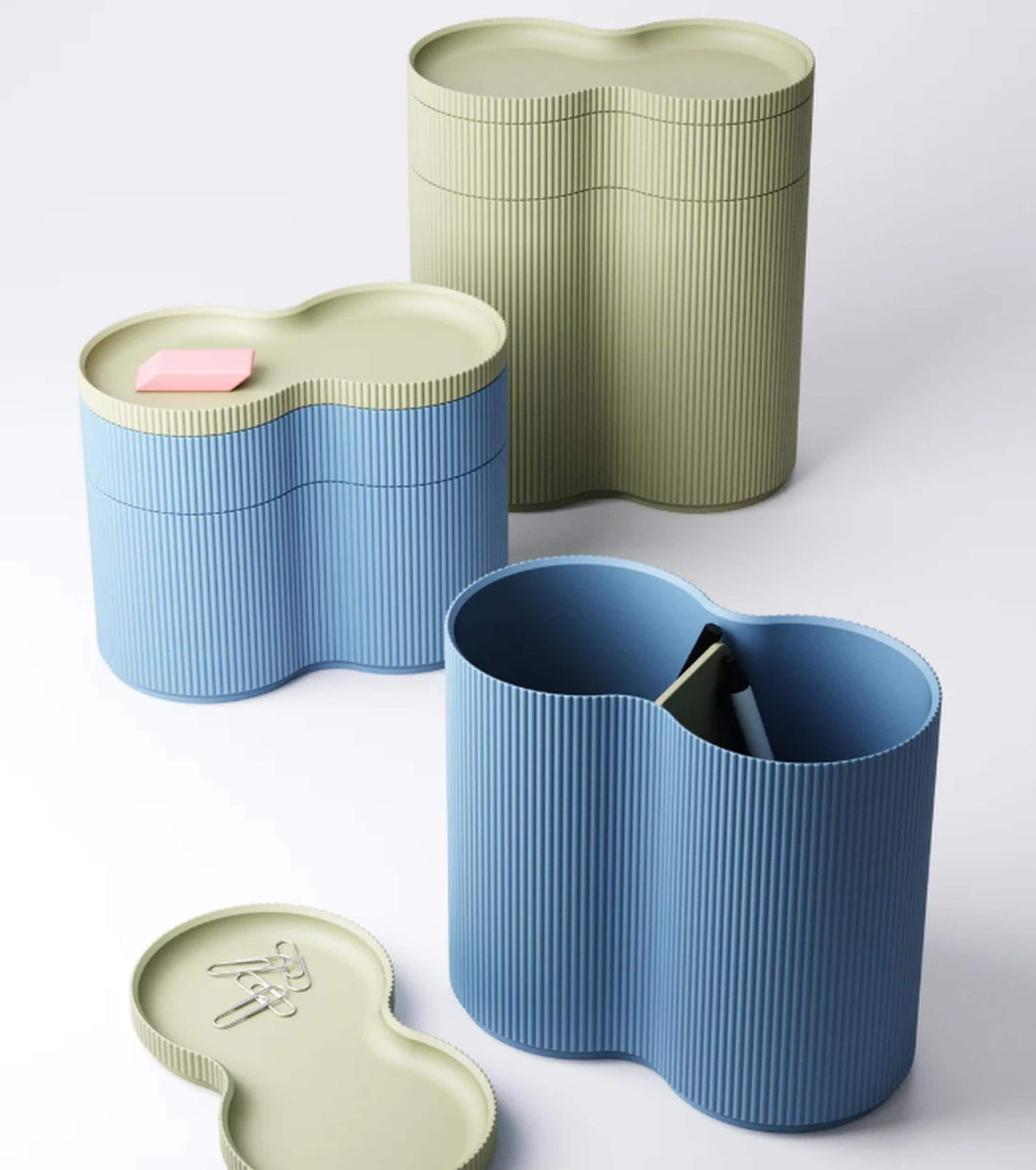Modular ribbed desk organiser | modern stacking pen pot | storage box with lid | 3 tiers