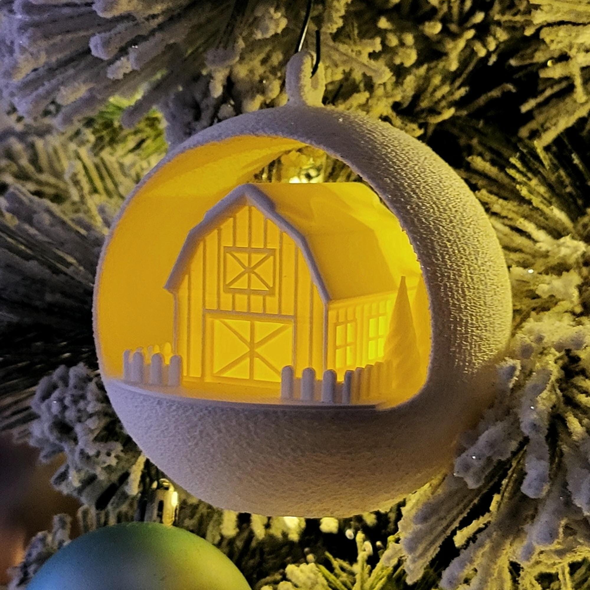 Light Up Barn | Christmas Bauble | Farmhouse Style Diorama Ornament with LED tealight