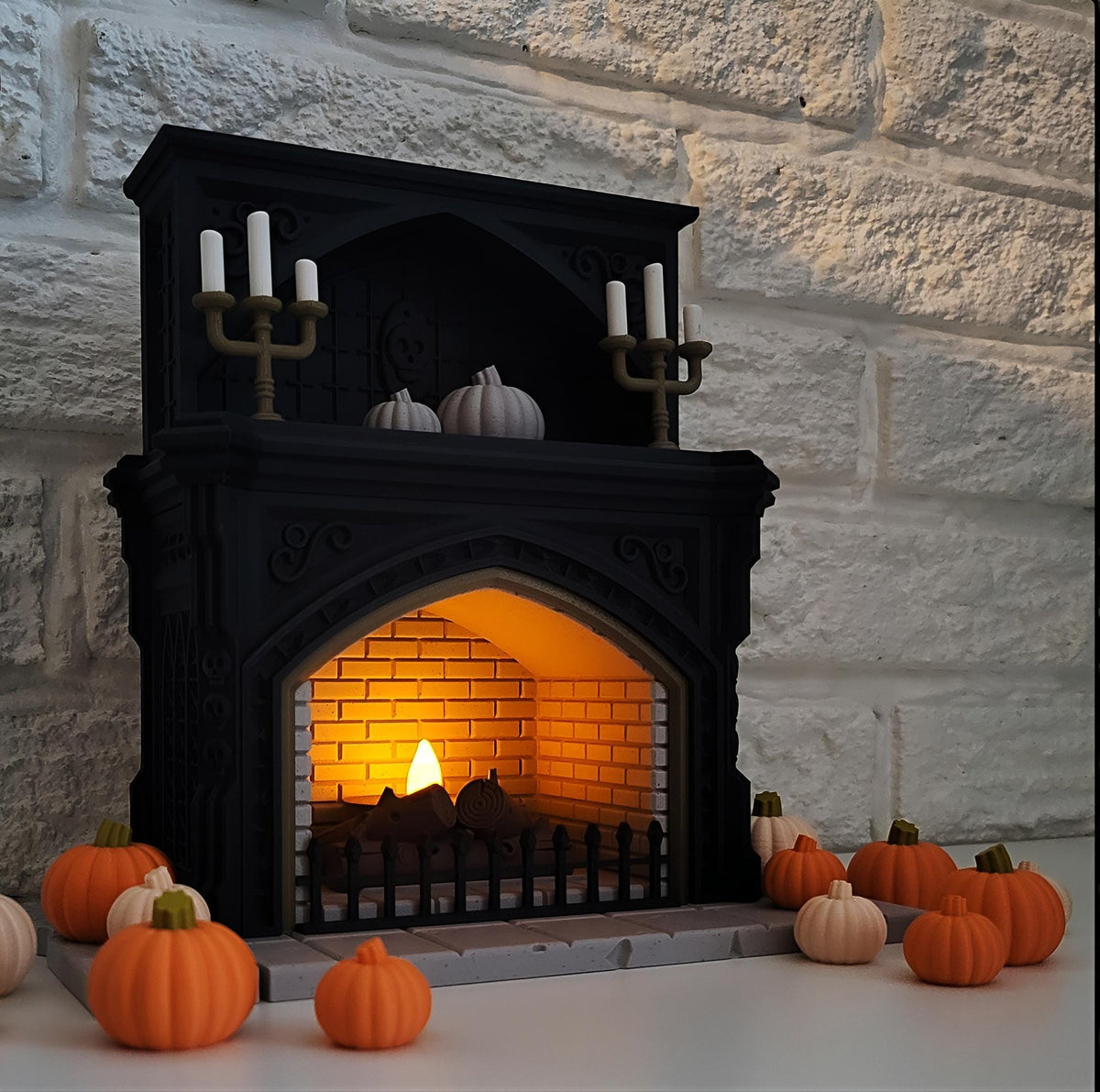 Halloween theme miniature fireplace tealight holder pumpkins | haunted house decor | candle display | autumn orange