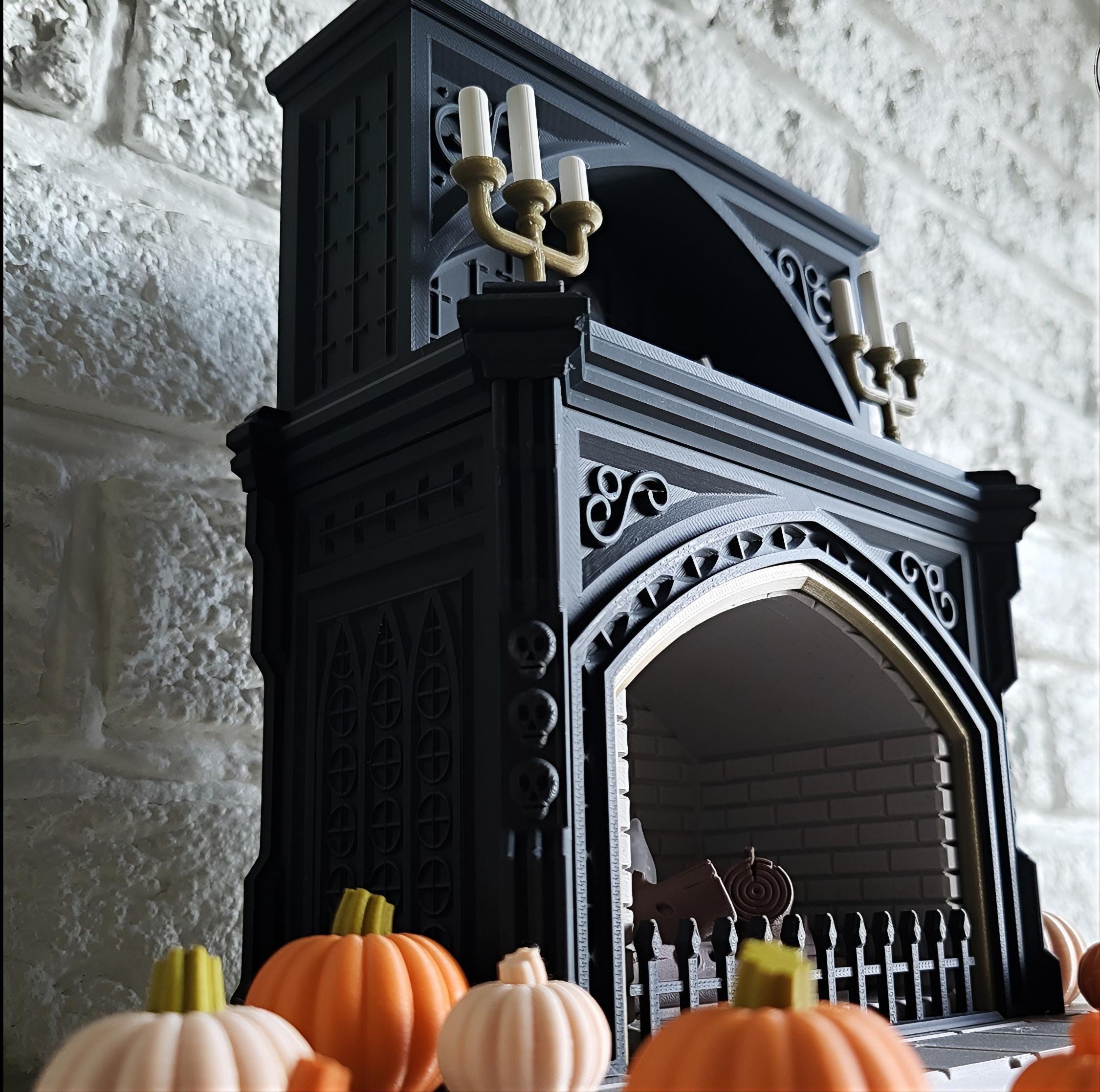 Halloween theme miniature fireplace tealight holder pumpkins | haunted house decor | candle display | autumn orange