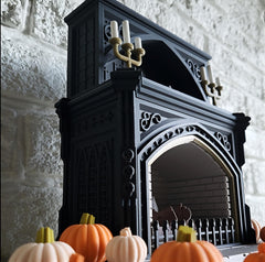 Halloween theme miniature fireplace tealight holder pumpkins | haunted house decor | candle display | autumn orange