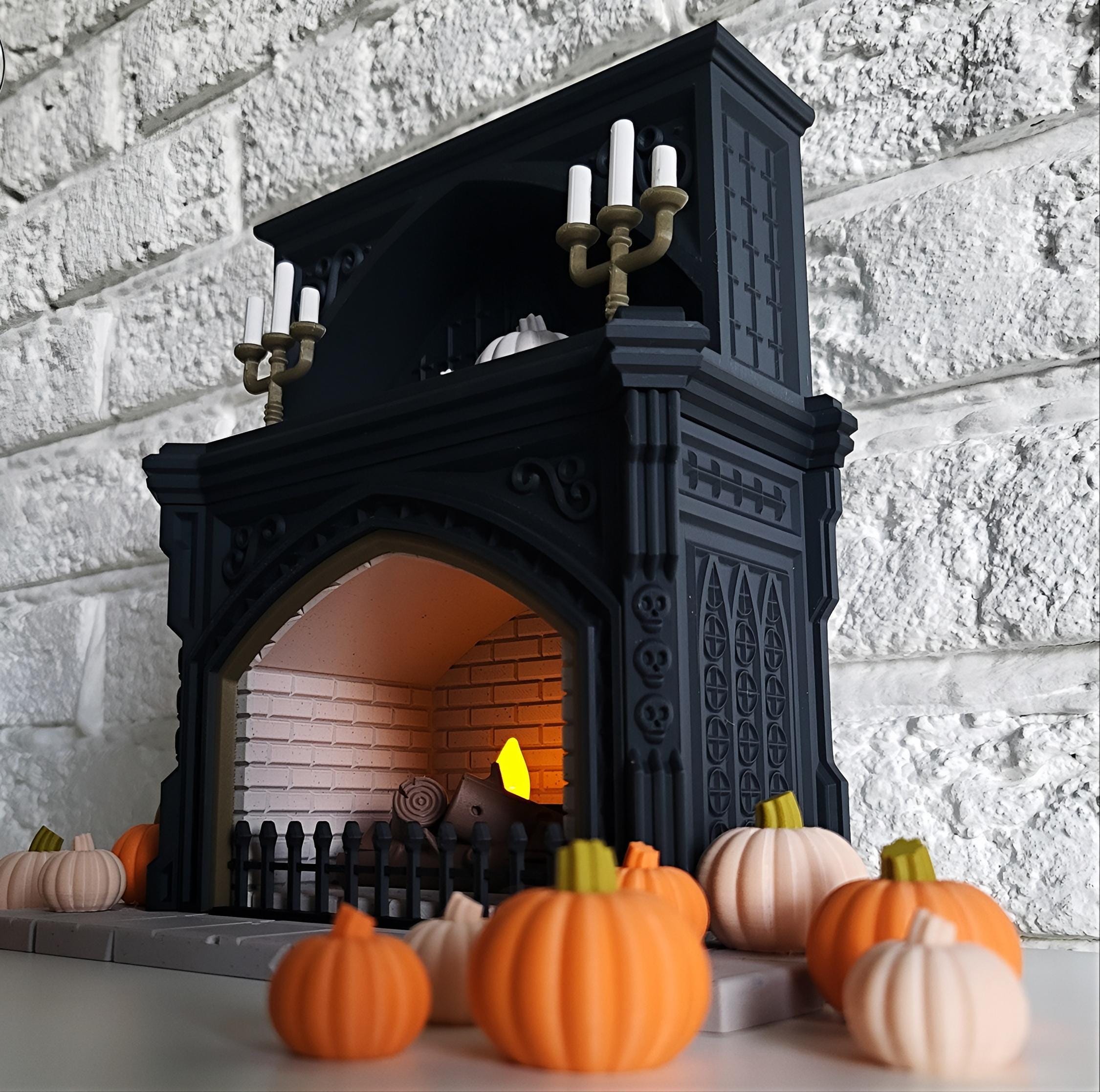 Halloween theme miniature fireplace tealight holder pumpkins | haunted house decor | candle display | autumn orange