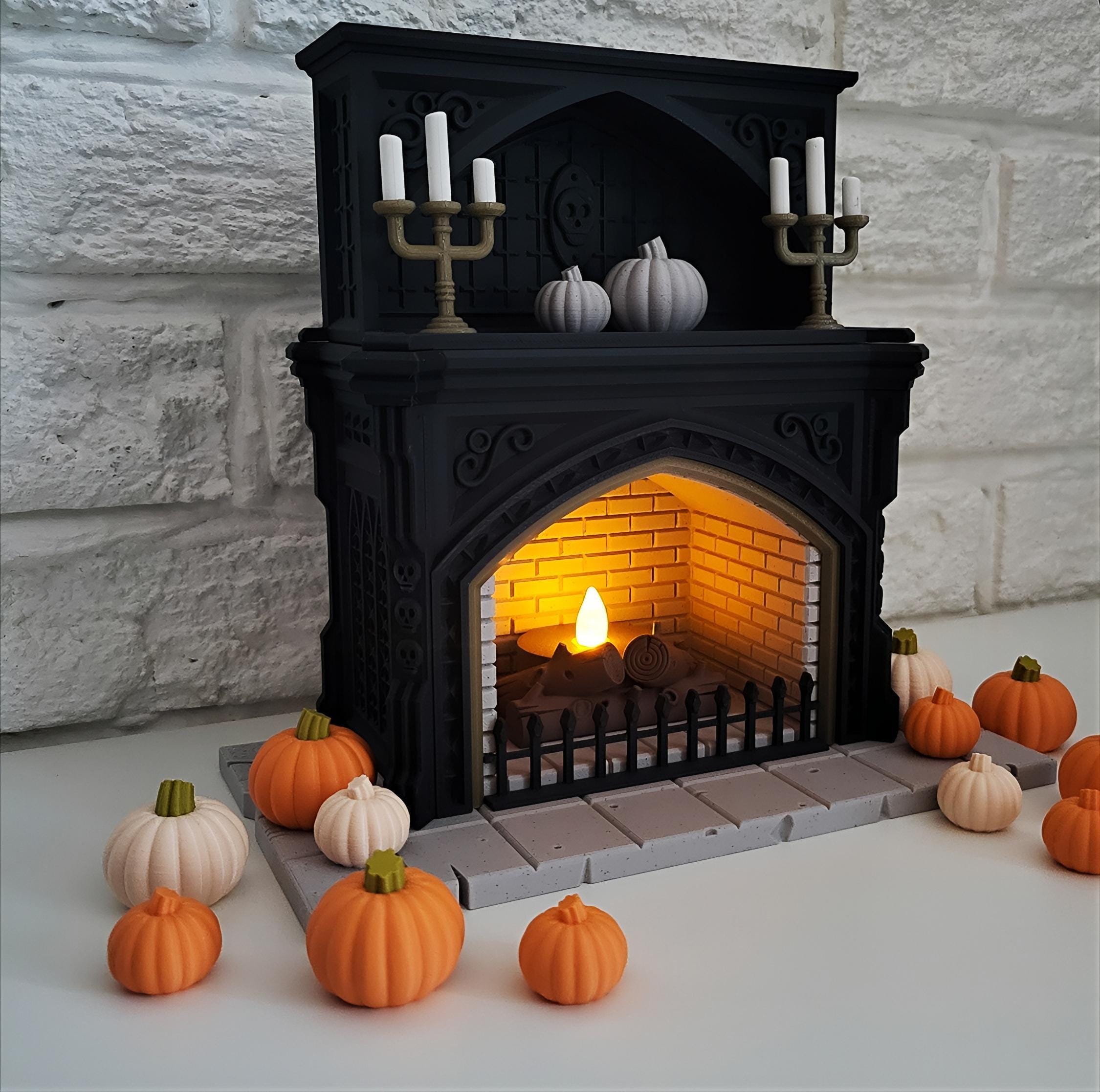 Halloween theme miniature fireplace tealight holder pumpkins | haunted house decor | candle display | autumn orange