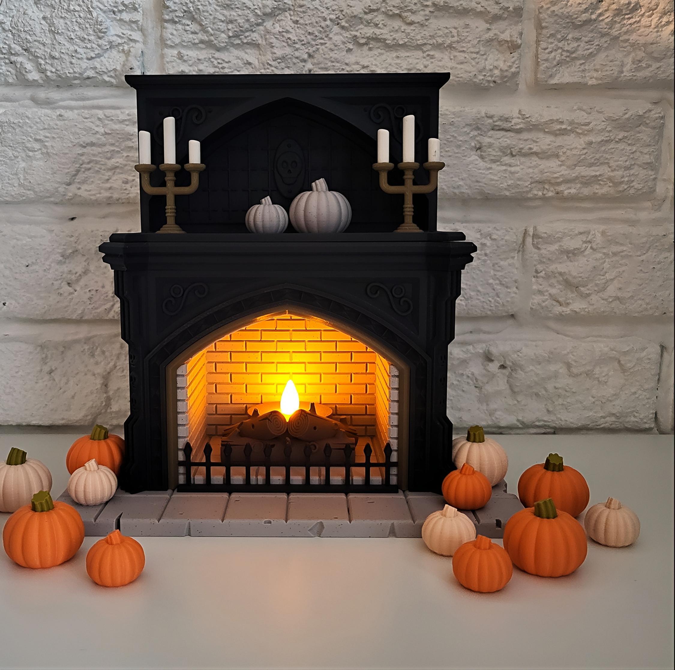 Halloween theme miniature fireplace tealight holder pumpkins | haunted house decor | candle display | autumn orange