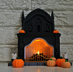 Halloween themed | fireplace tealight holder | spooky gothic mantlepiece | led light | pumpkins | black ornament