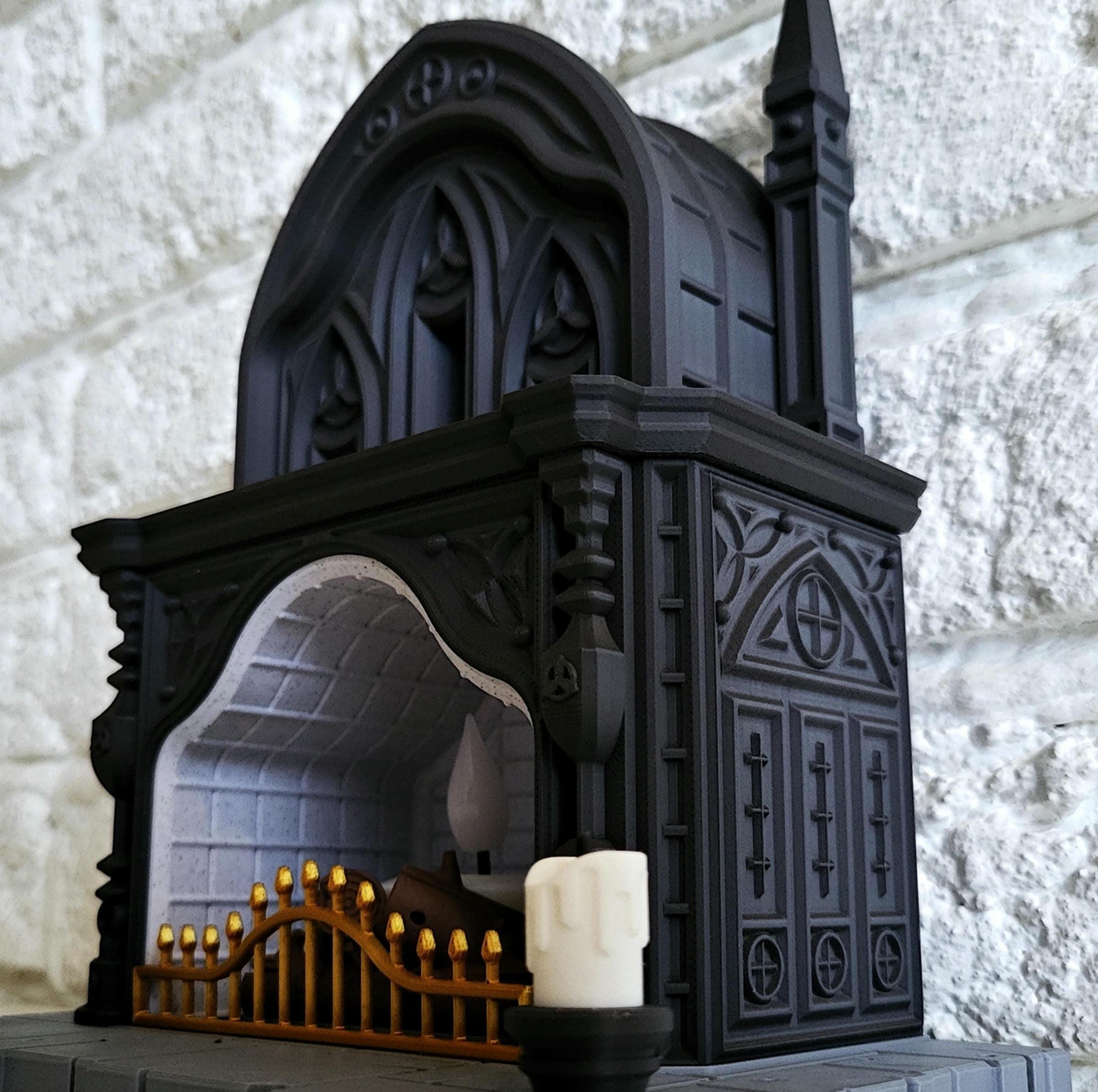 Halloween themed | fireplace tealight holder | spooky gothic mantlepiece | led light | pumpkins | black ornament