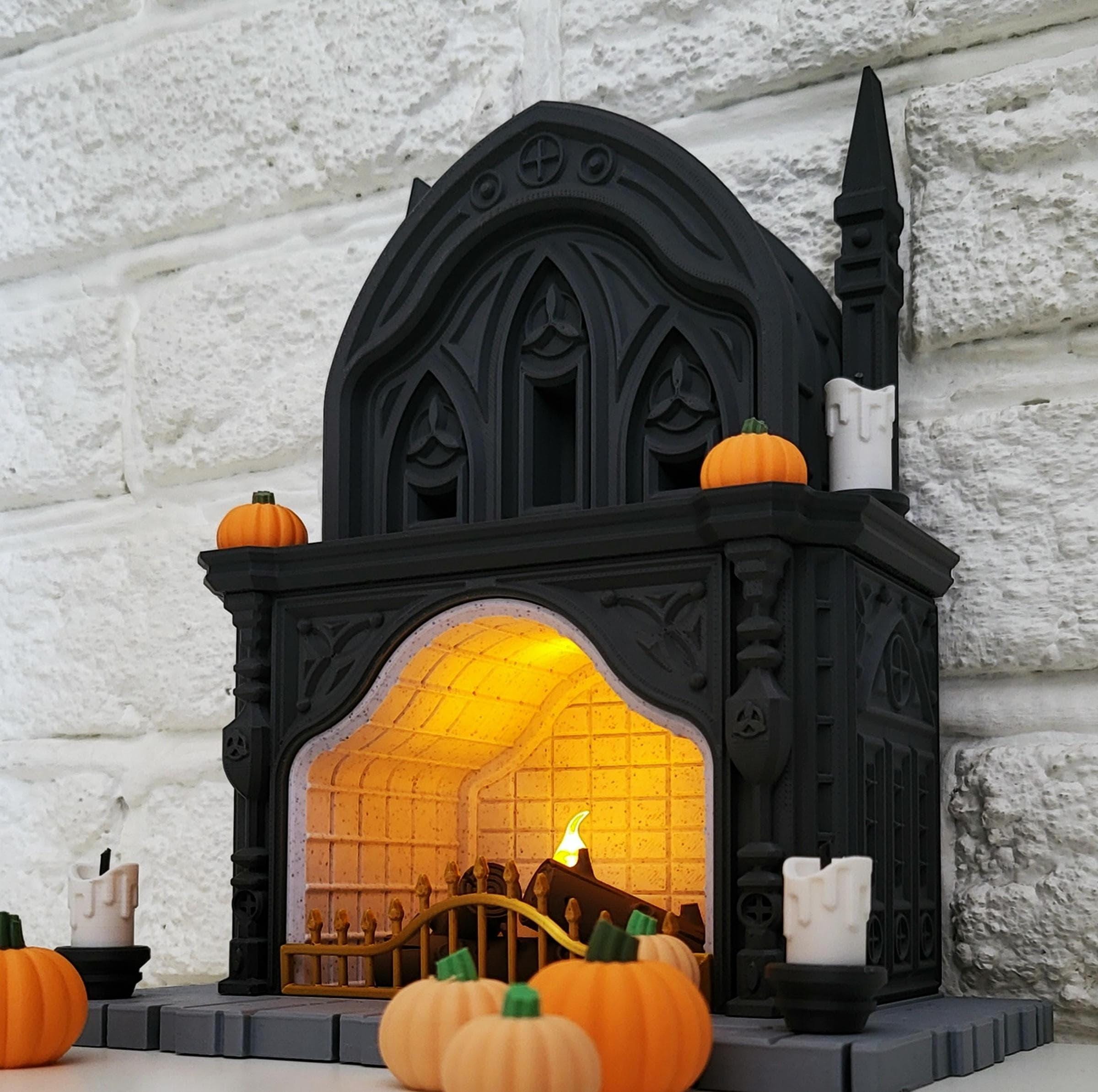 Halloween themed | fireplace tealight holder | spooky gothic mantlepiece | led light | pumpkins | black ornament
