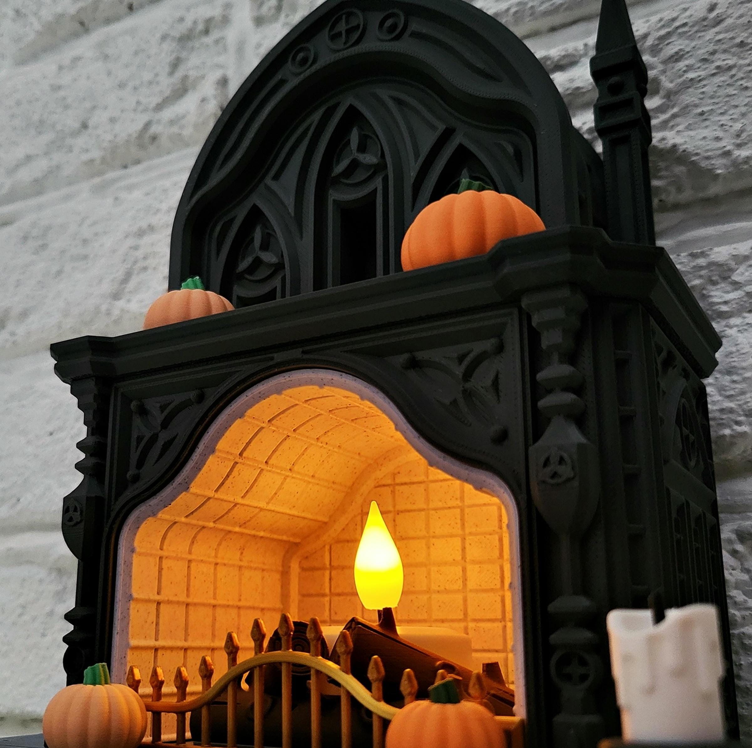 Halloween themed | fireplace tealight holder | spooky gothic mantlepiece | led light | pumpkins | black ornament