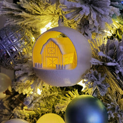 Light Up Barn | Christmas Bauble | Farmhouse Style Diorama Ornament with LED tealight