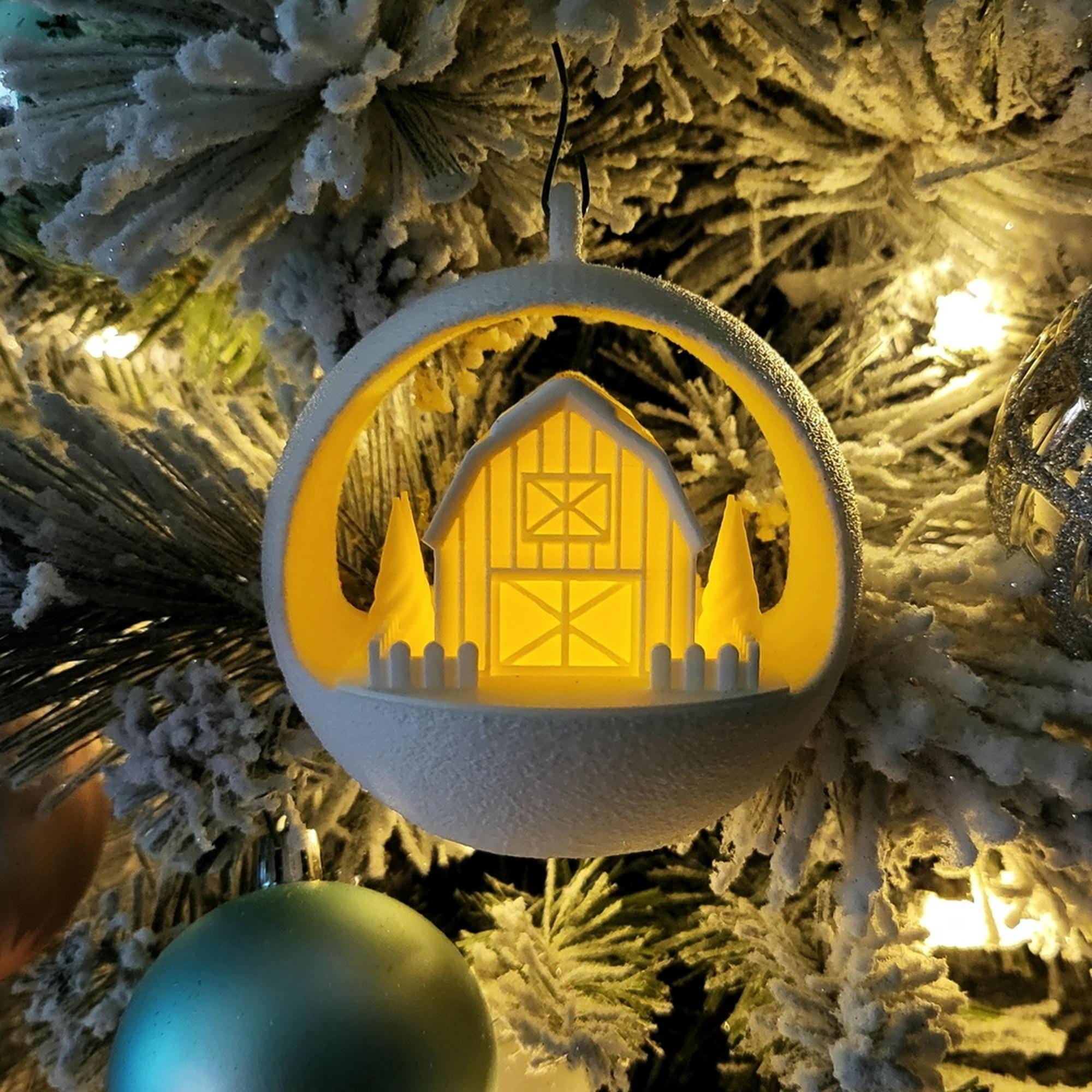 Light Up Barn | Christmas Bauble | Farmhouse Style Diorama Ornament with LED tealight