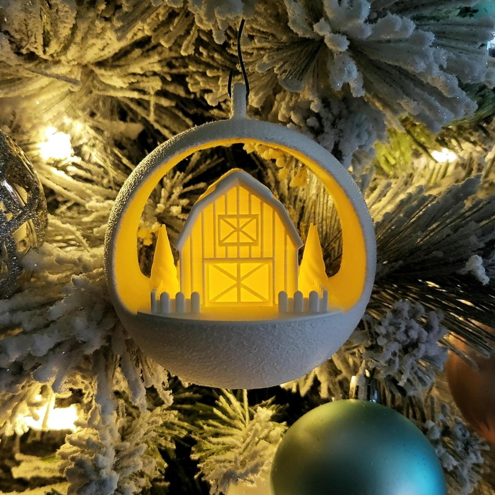 Light Up Barn | Christmas Bauble | Farmhouse Style Diorama Ornament with LED tealight